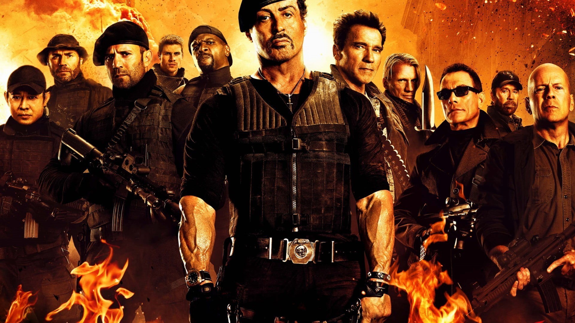 ii, 1080P, fire - natural phenomenon, burning, The Expendables 2, Terry Crews, flame, real people, men, event, communication, Jason Statham, expendables, HD Wallpaper