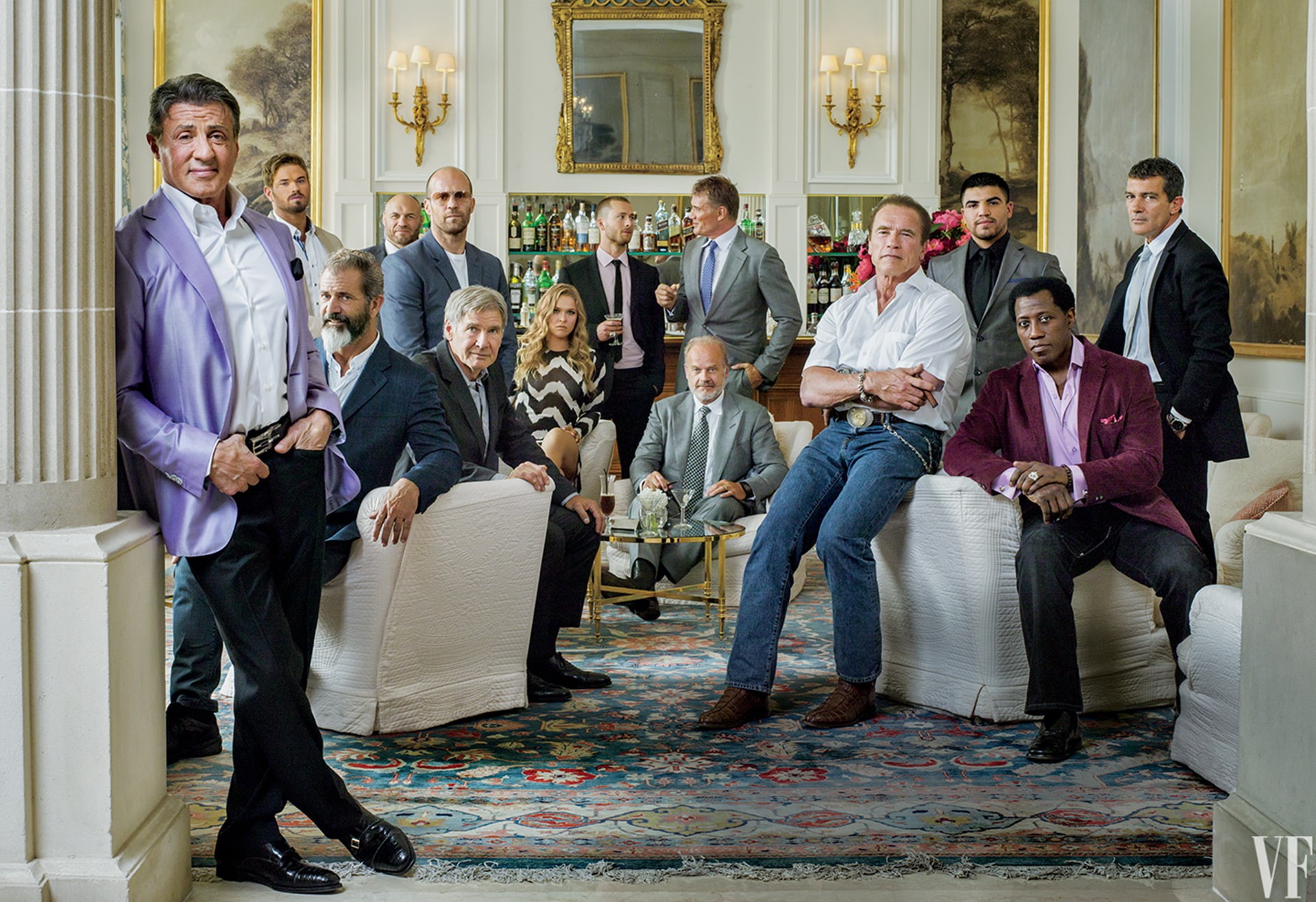 Arnold Schwarzenegger, mature adult, crowd, Sylvester Stallone, jacket, The Expendables 3, males, senior adult, group of people, sitting, s, Jet Li, full length, HD Wallpaper