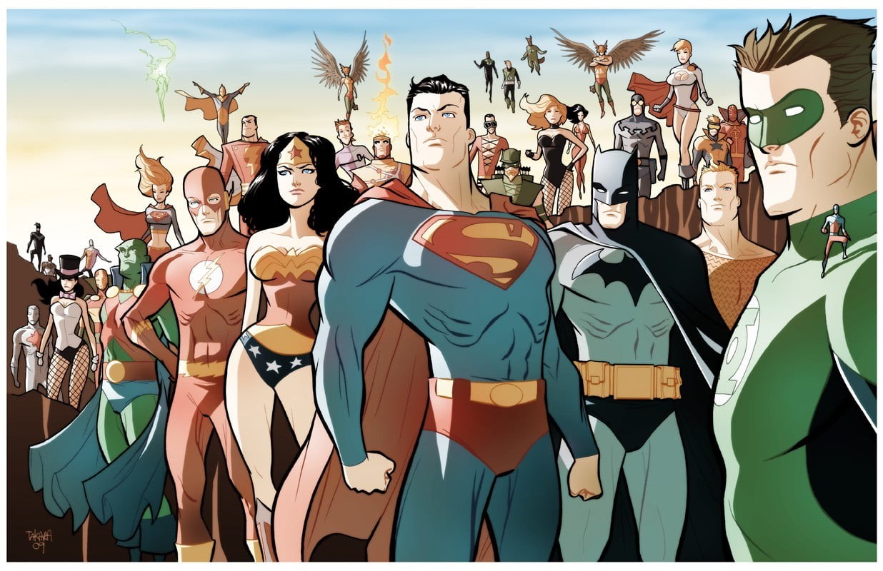 Dr. Fate, Red Tornado, 480P, crowd, adult, real people, Power Girl, Batman, Shazam, Hawkgirl, sky, superheroes, transfer print, Booster Gold, HD Wallpaper