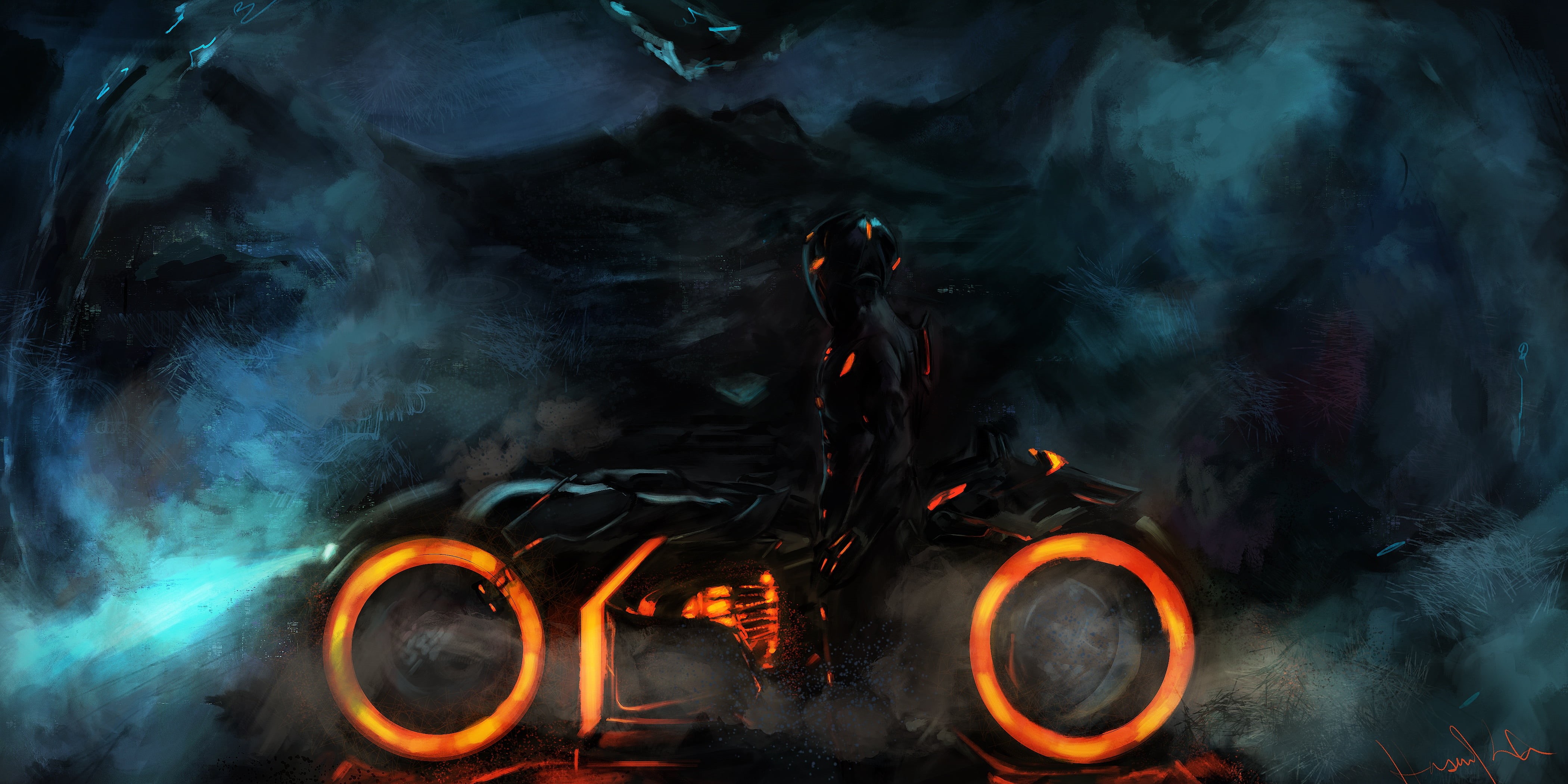 heat - temperature, technology, the film, action, indoors, dark, the cycle, burning, sign, nature, one person, Tron: Legacy, fiction, warrior, 4K, communication, HD Wallpaper