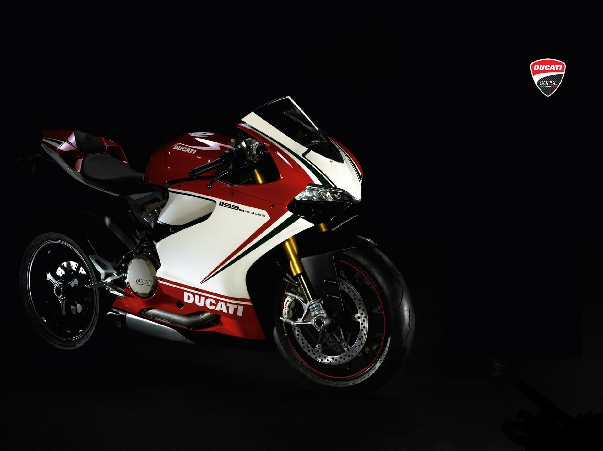competition, Italy, motorcycle, helmet, 1080P, mode of transportation, luxury, sports race, wheel, night, car, black background, red, speed, Panigale 1199, HD Wallpaper