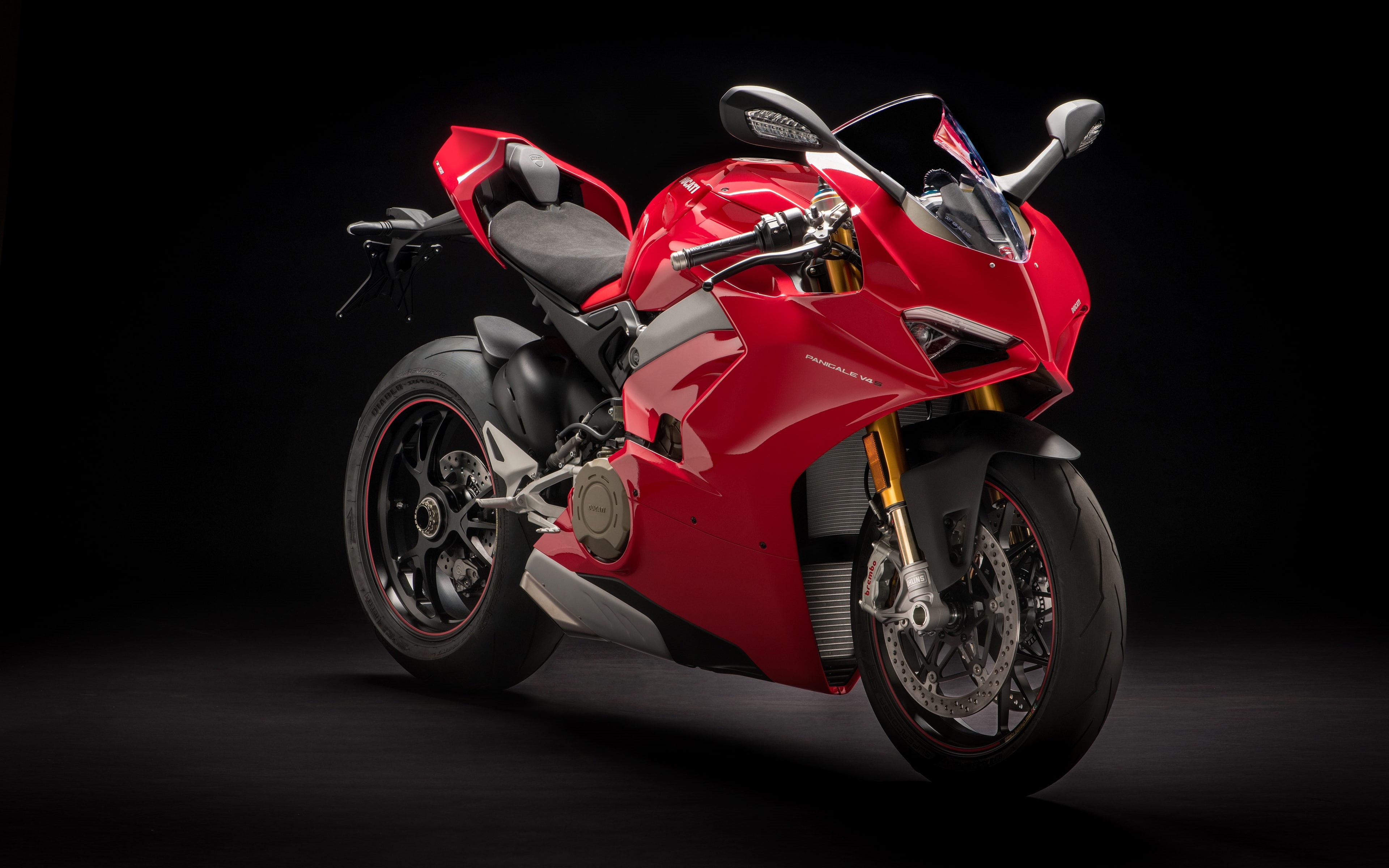 wheel, red, motorsport, sports race, 4K, Ducati, indoors, chrome, speed, night, v, black background, silver colored, studio shot, motor vehicle, 2018, HD Wallpaper