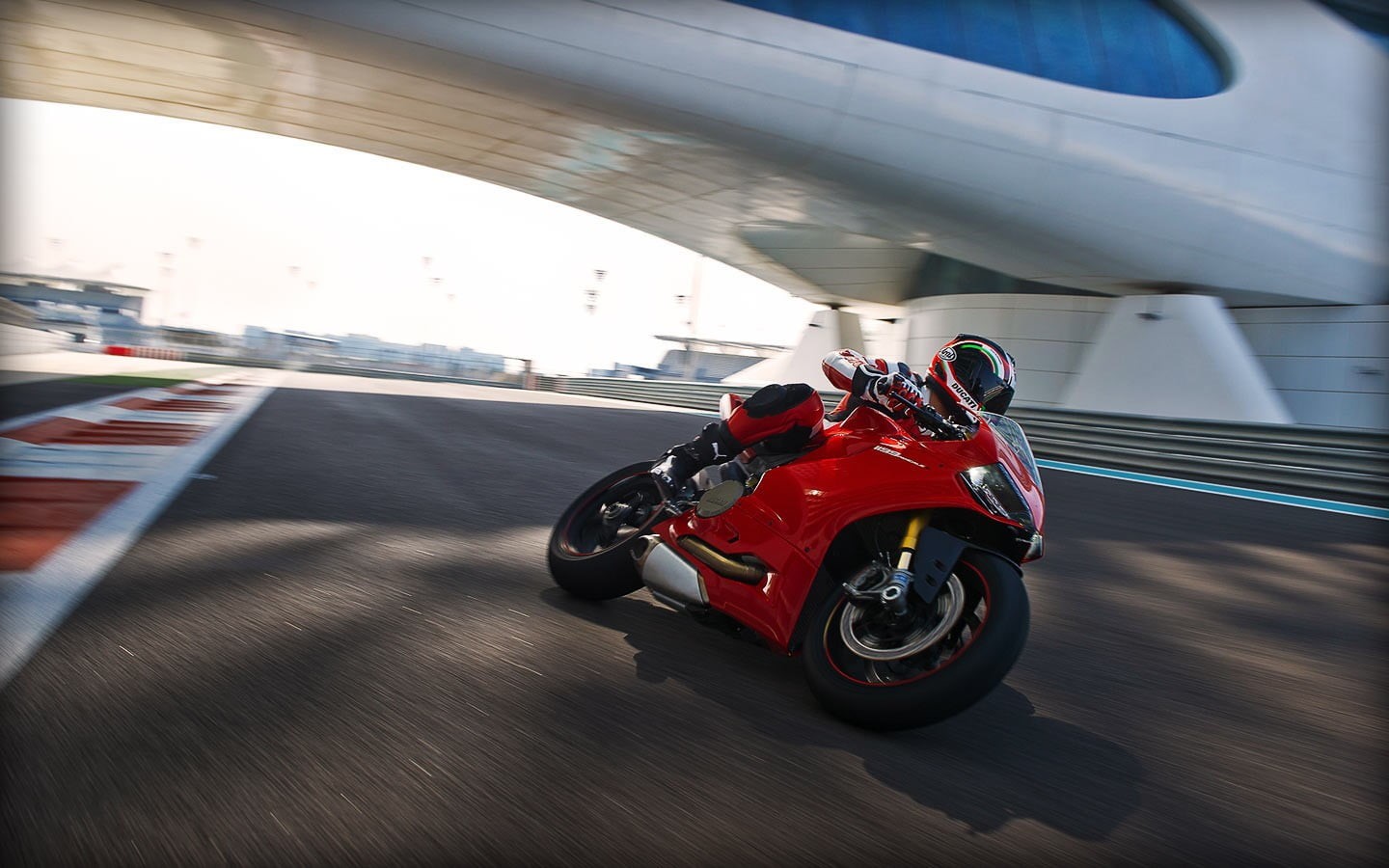 land vehicle, competition, speed, real people, Ducati 1199, architecture, 720P, red, protection, one person, day, helmet, sport, on the move, built structure, HD Wallpaper