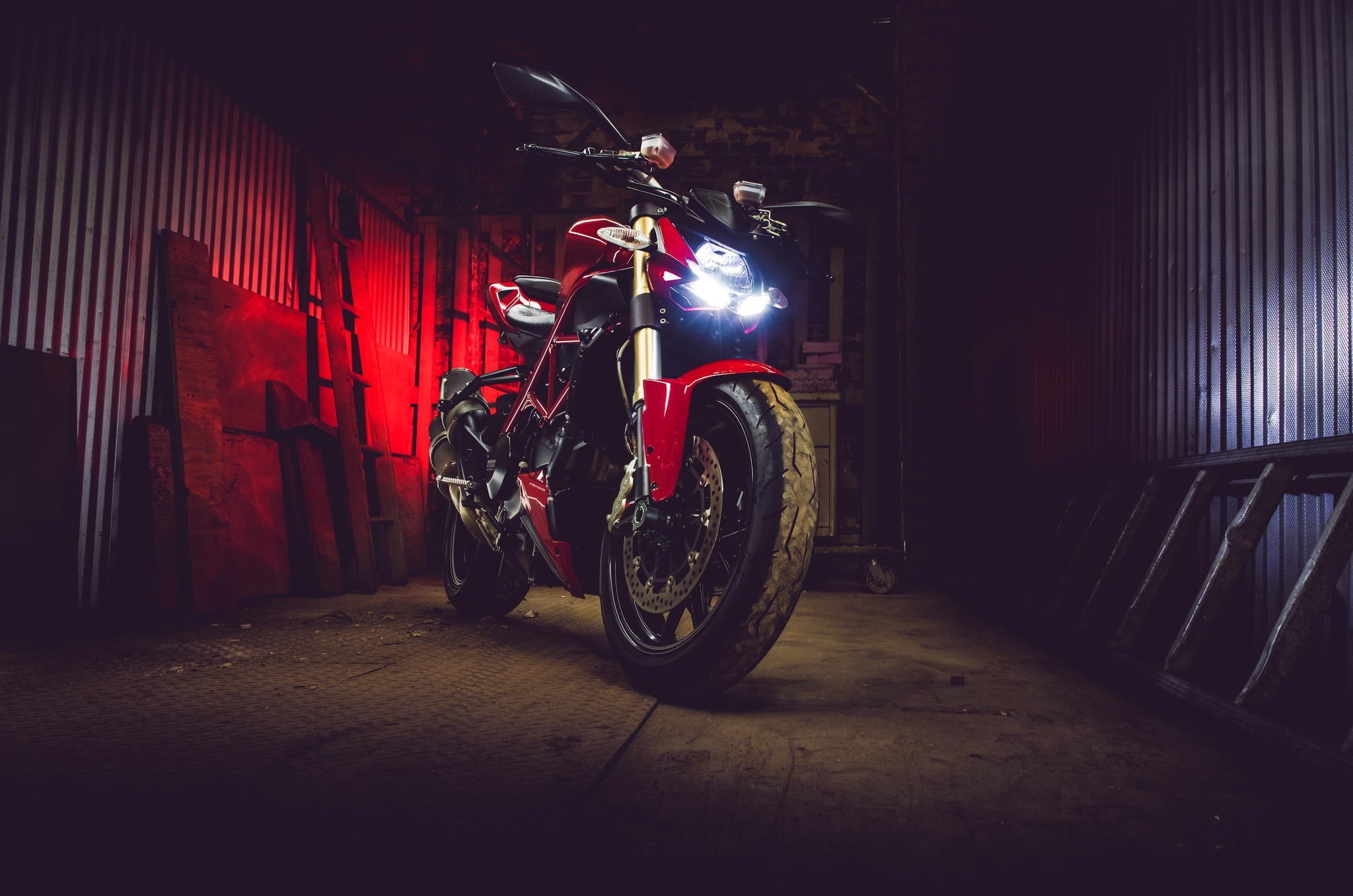 transportation, red, mode of transportation, night, building, one person, indoors, Ducati Streetfighter 848, architecture, garage, motorcycle, stationary, HD Wallpaper
