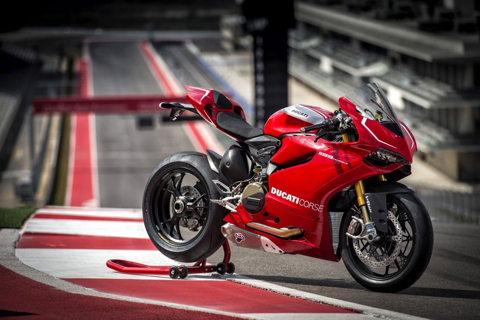 street, motorcycle, focus on foreground, day, helmet, city, motion, 720P, stationary, no people, full length, road, car, Ducati, land vehicle, architecture, HD Wallpaper