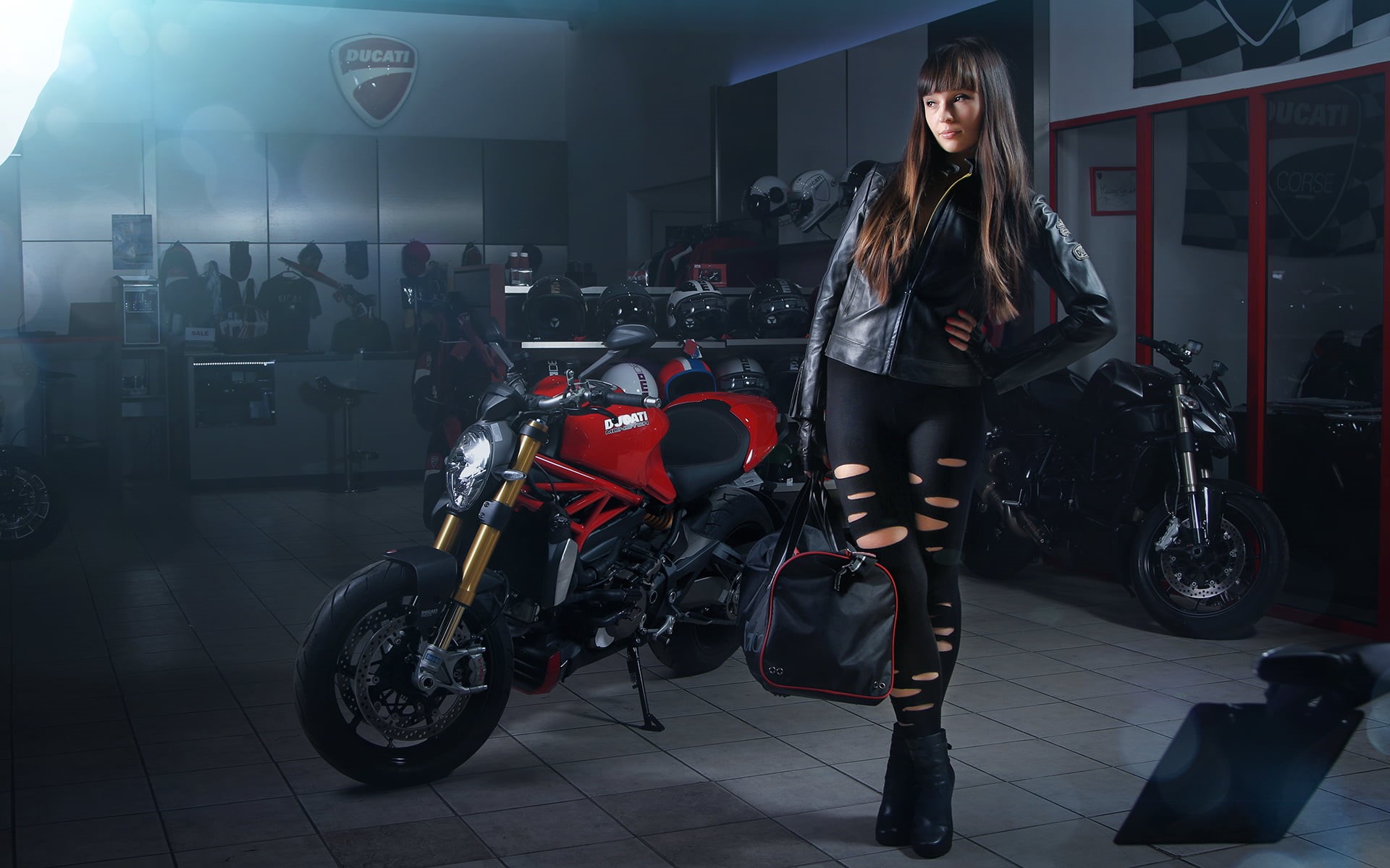leggings, travel, long hair, mode of transportation, model, young women, casual clothing, Ducati Monster, leather jackets, one person, hairstyle, transportation, HD Wallpaper