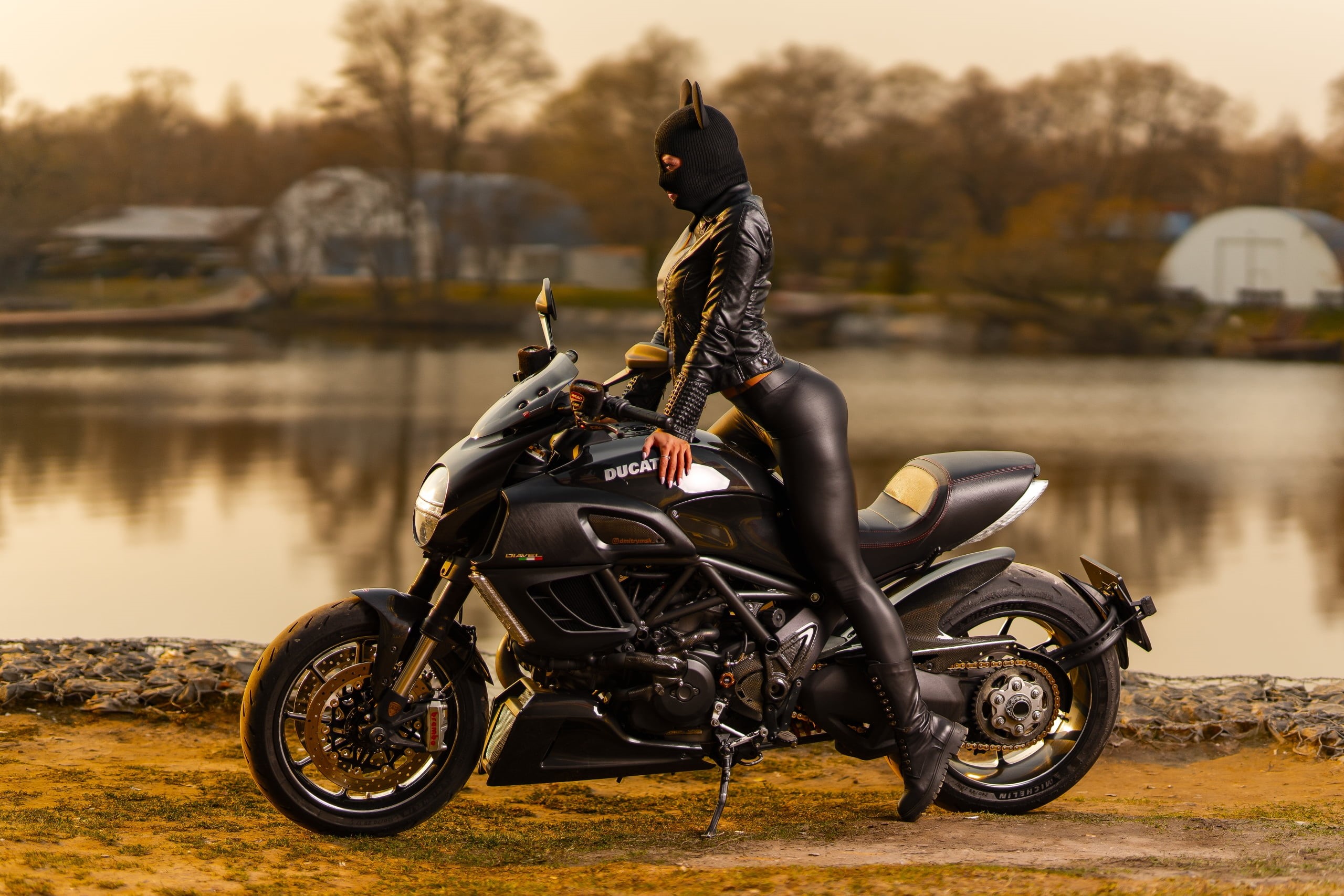 women outdoors, Ducati Diavel, profile, model, Brembo, motorcycle, leggings, depth of field, Ilya Pistoletov, mask, leather leggings, black jackets, side view, HD Wallpaper