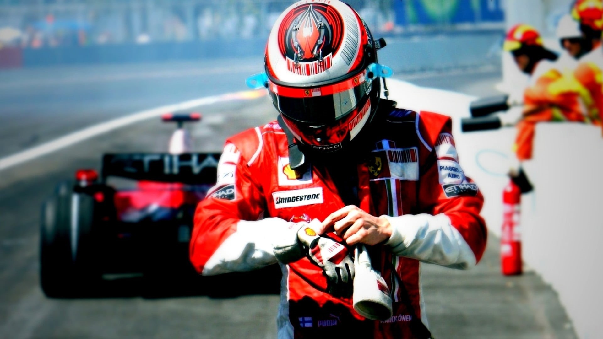 crash helmet, suit, helmet, transportation, protection, clothing, Formula 1, security, Scuderia Ferrari, uniform, outdoors, focus on foreground, safety, HD Wallpaper