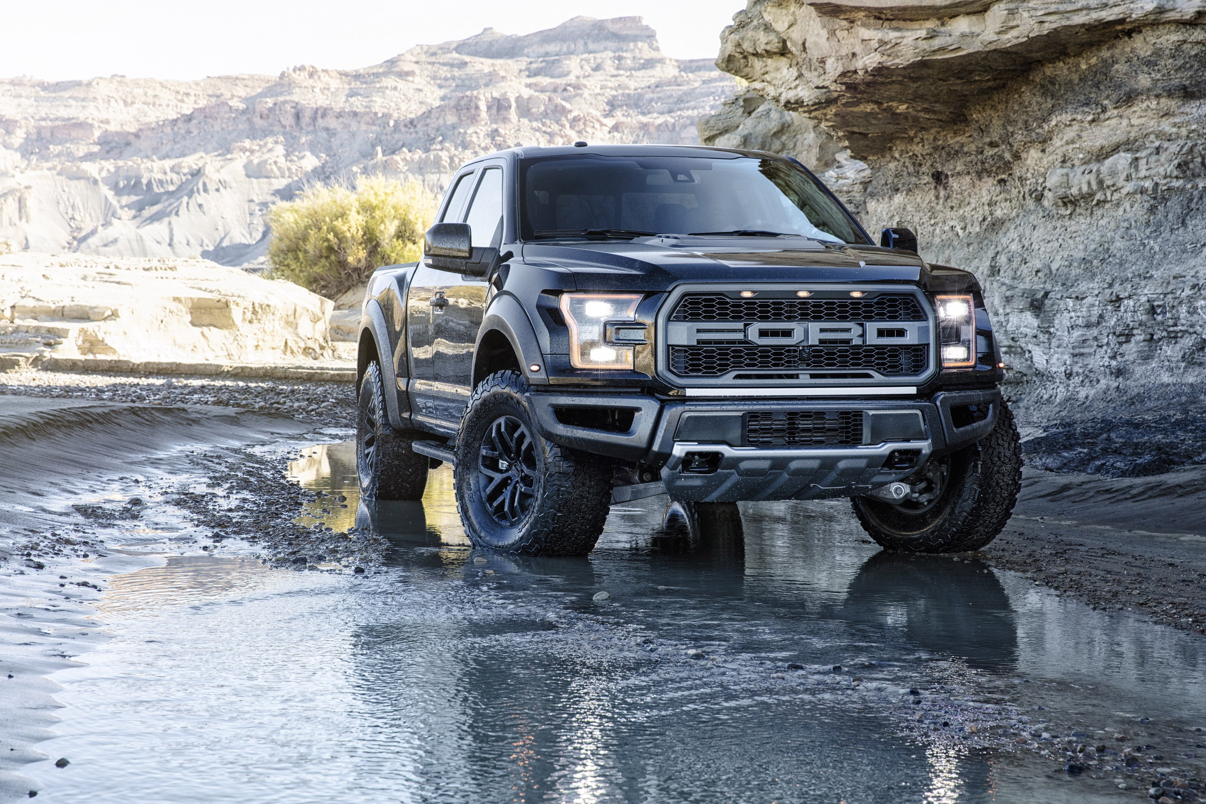 f150, stationary, transportation, tire, water, rock, day, F 150, nature, muscle, 4K, rock - object, outdoors, 2017, road, Ford, motor vehicle, land vehicle, HD Wallpaper