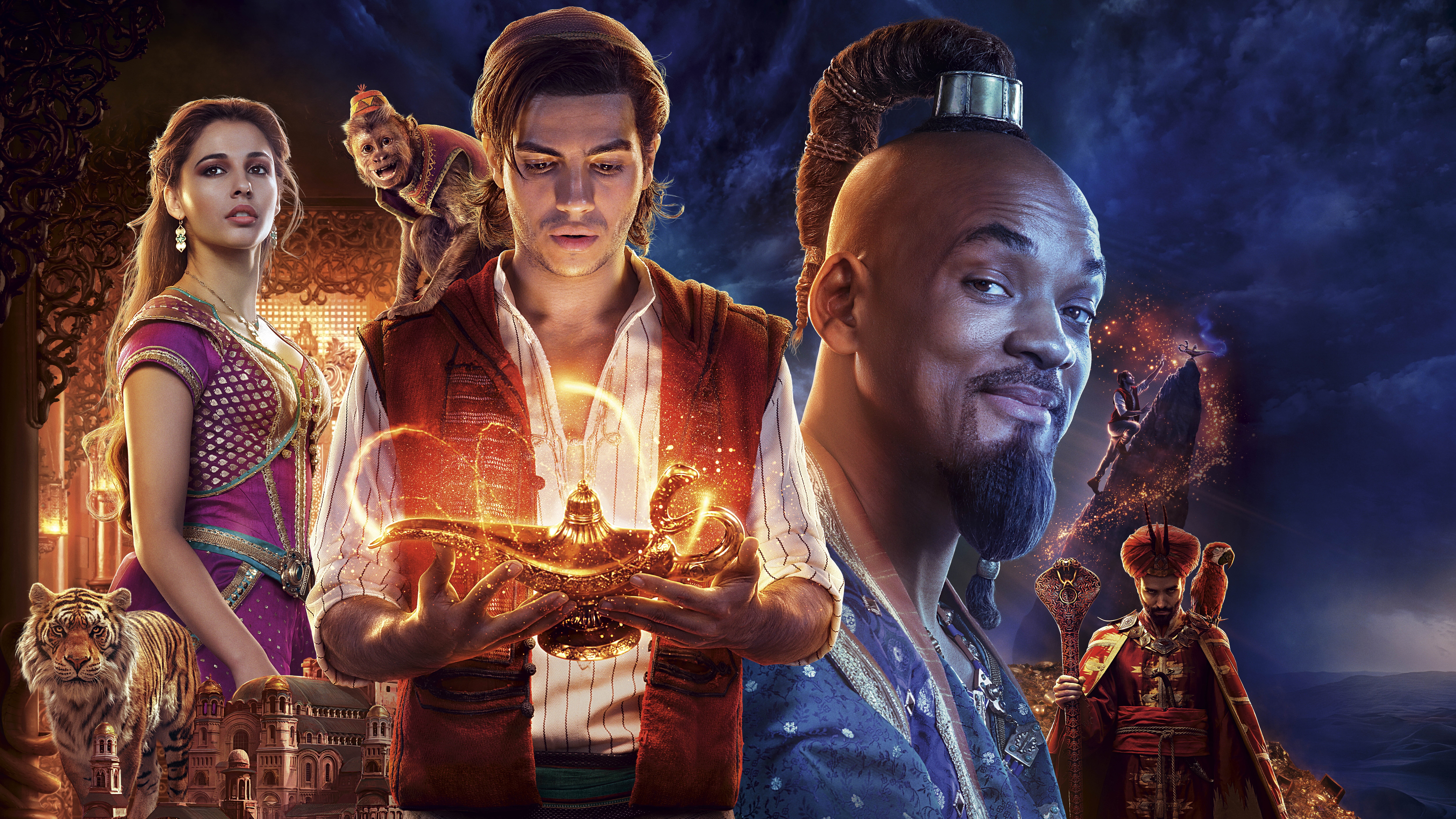 8K, Aladdin, Naomi Scott, Will Smith, monkey, tiger, Movie, Gin, the film, lamp, 2019, MENA Massoud, Jasmine, HD Wallpaper