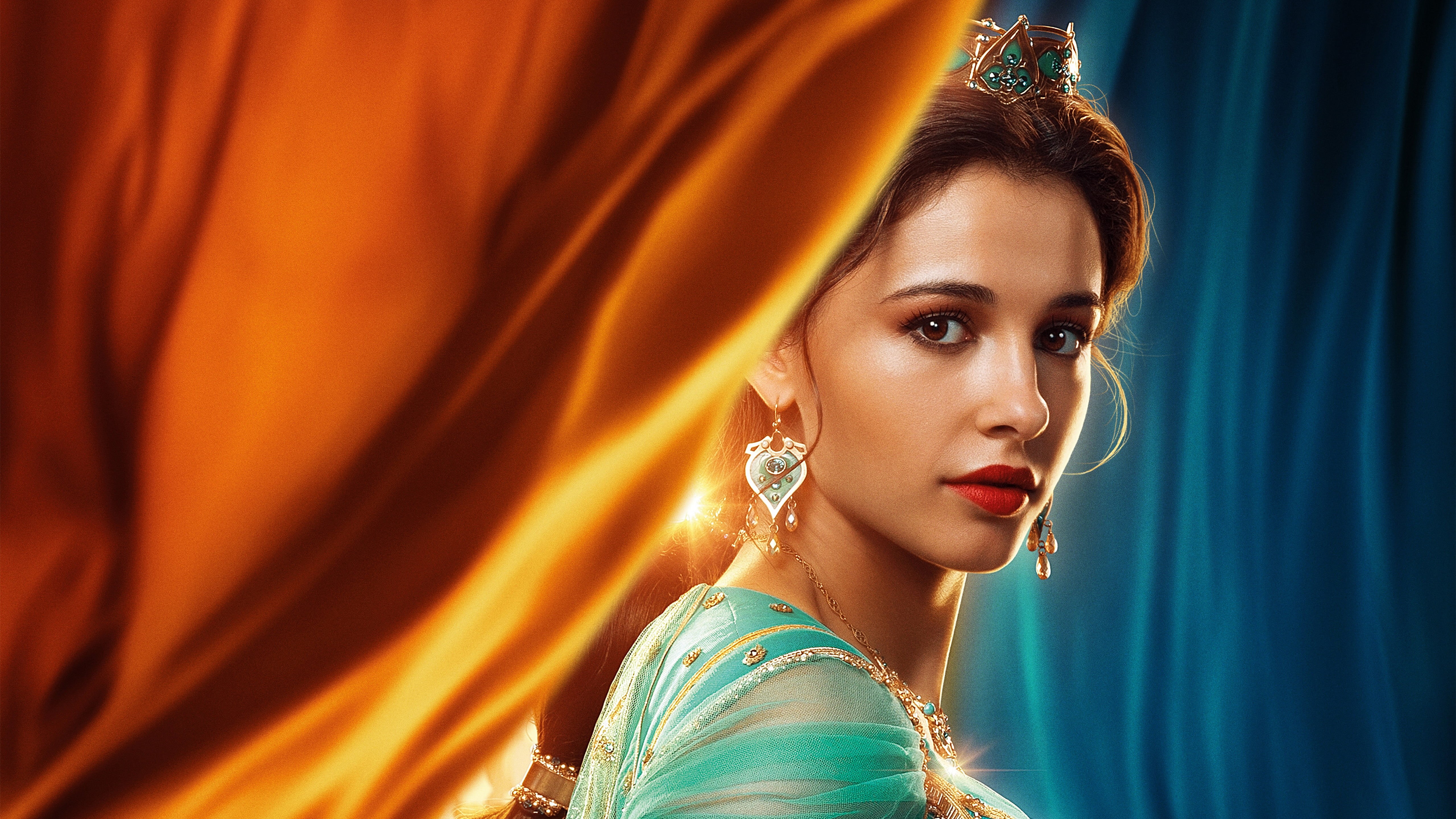 Earrings, Brunette, Actress, Princess Jasmine, Lipstick, British, Naomi Scott, Brown Eyes, Aladdin (2019), 5K, Movie, HD Wallpaper
