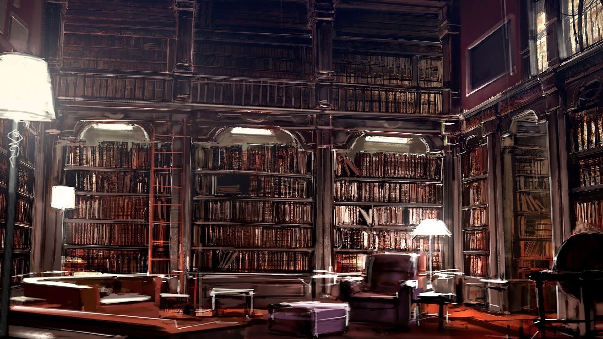 1080P, lamp, table, book, education, window, ladder, large group of objects, in a row, seat, studying, indoors, no people, electric lamp, publication, HD Wallpaper