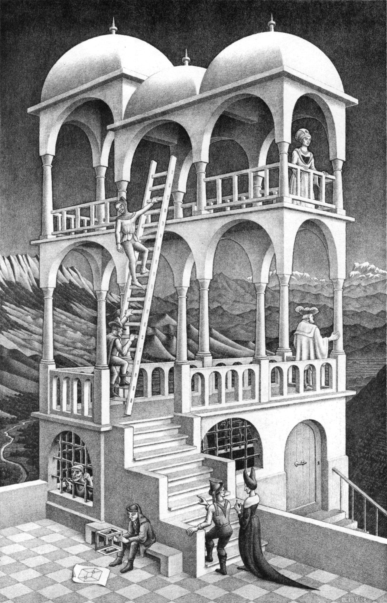 outdoors, group of people, art and craft, the past, optical illusion, men, lithograph, artwork, portrait display, day, adult, M. C. Escher, people, architecture, Phone HD Wallpaper