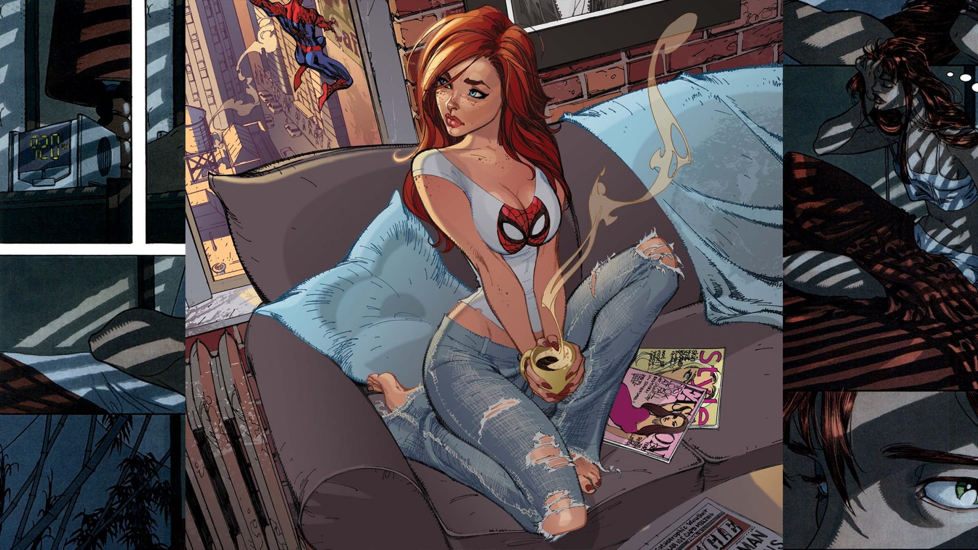 Mary Jane Watson, brown, communication, 1080P, illustration, one Person, woman, casual clothing, J. Scott Campbell, cleavage, females, sitting, three quarter length, HD Wallpaper