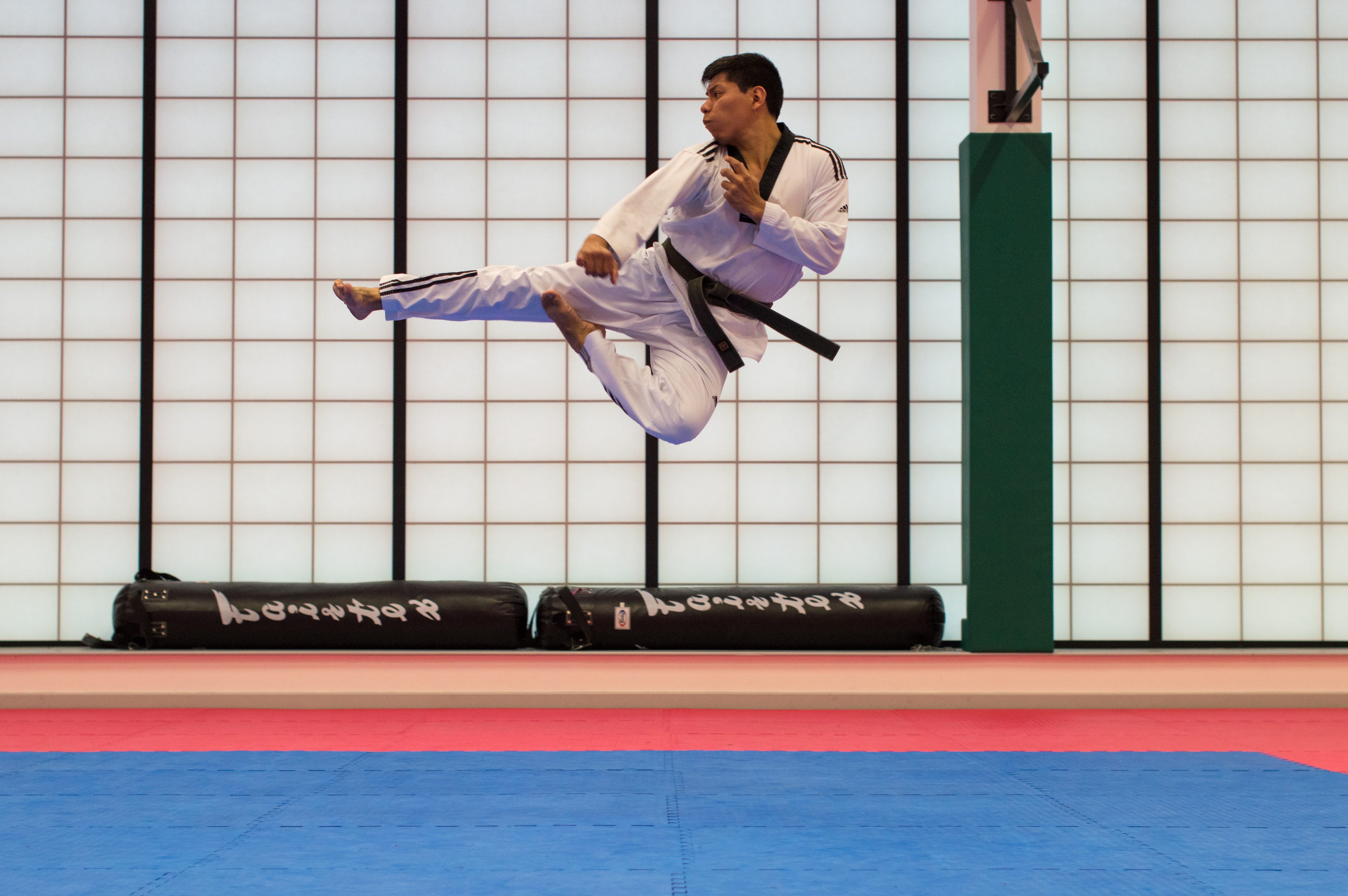 emotion, air, one person, smiling, judo, sport, player, clothing, indoors, male, 5K, strike, kick, mid-air, adult, full length, jumping, taekwondo, man, HD Wallpaper
