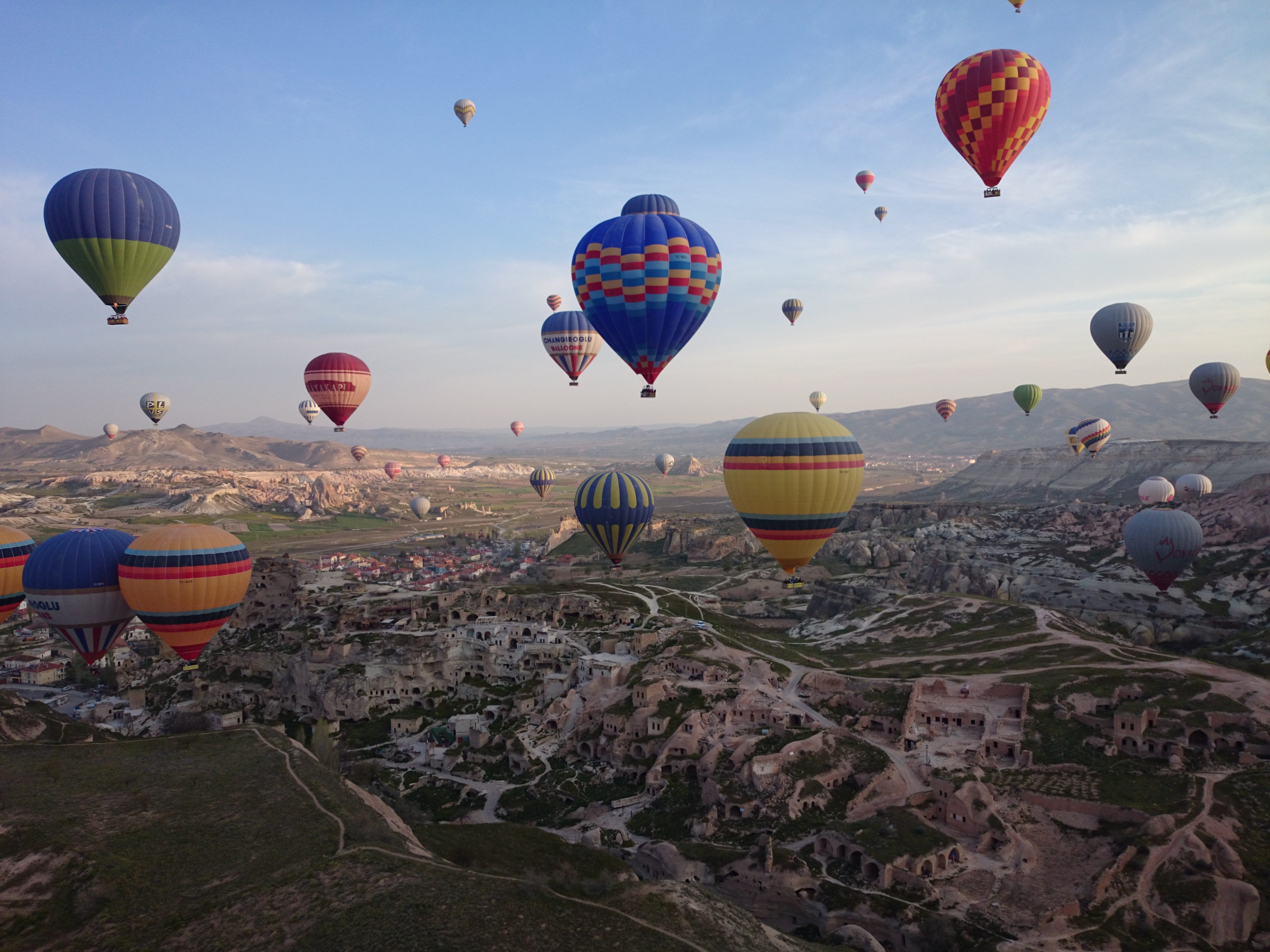 no people, aerial view, mid-air, tuff, view, hot air balloons, ballooning festival, anatolia, cappadocia, nature, balloons, basket, landscape, solid, multi Colored, HD Wallpaper