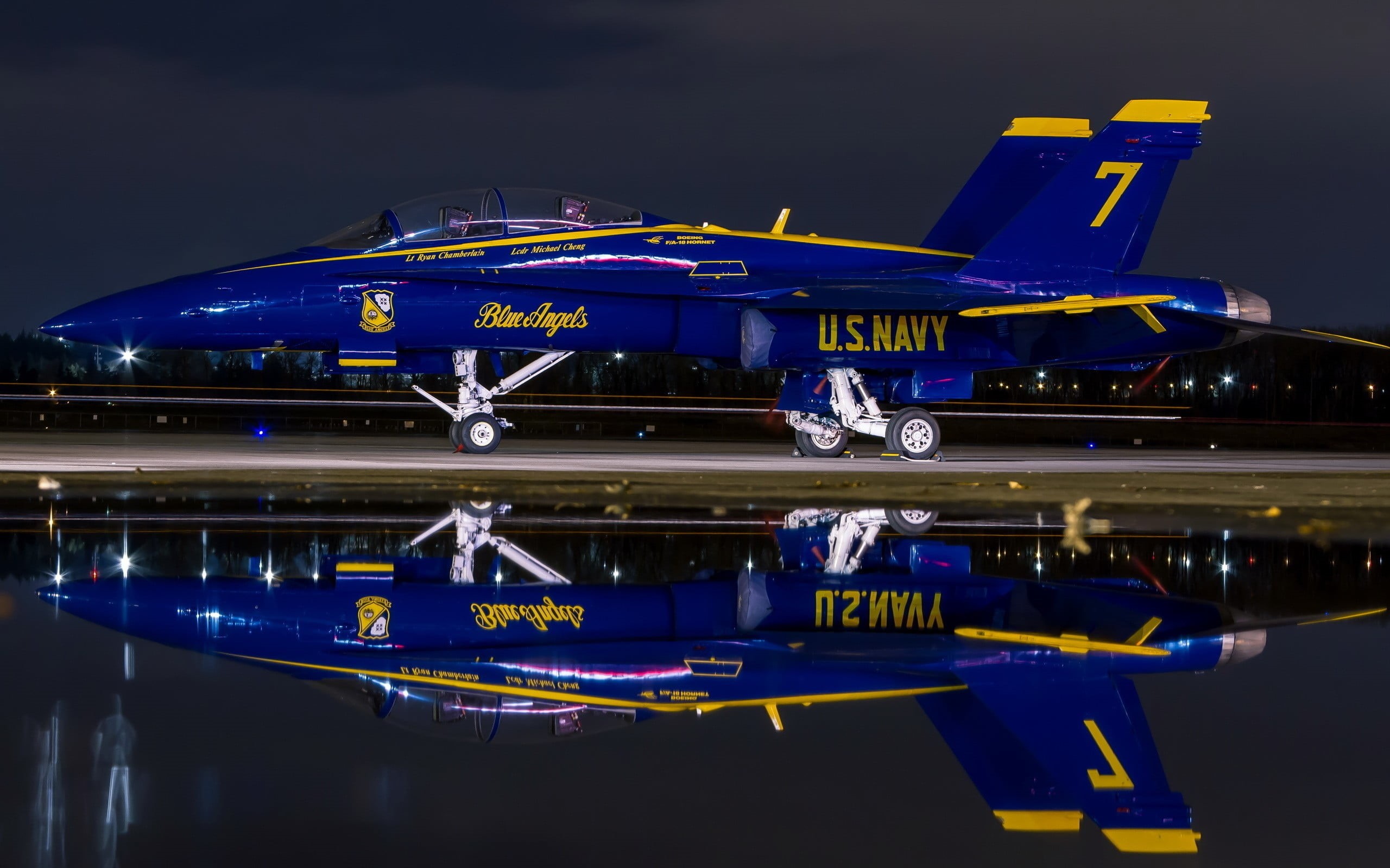 illuminated, reflection, architecture, water, airplane, transportation, fighter, jet, building exterior, Blue Angels, night, motion, angels, mode of transportation, HD Wallpaper