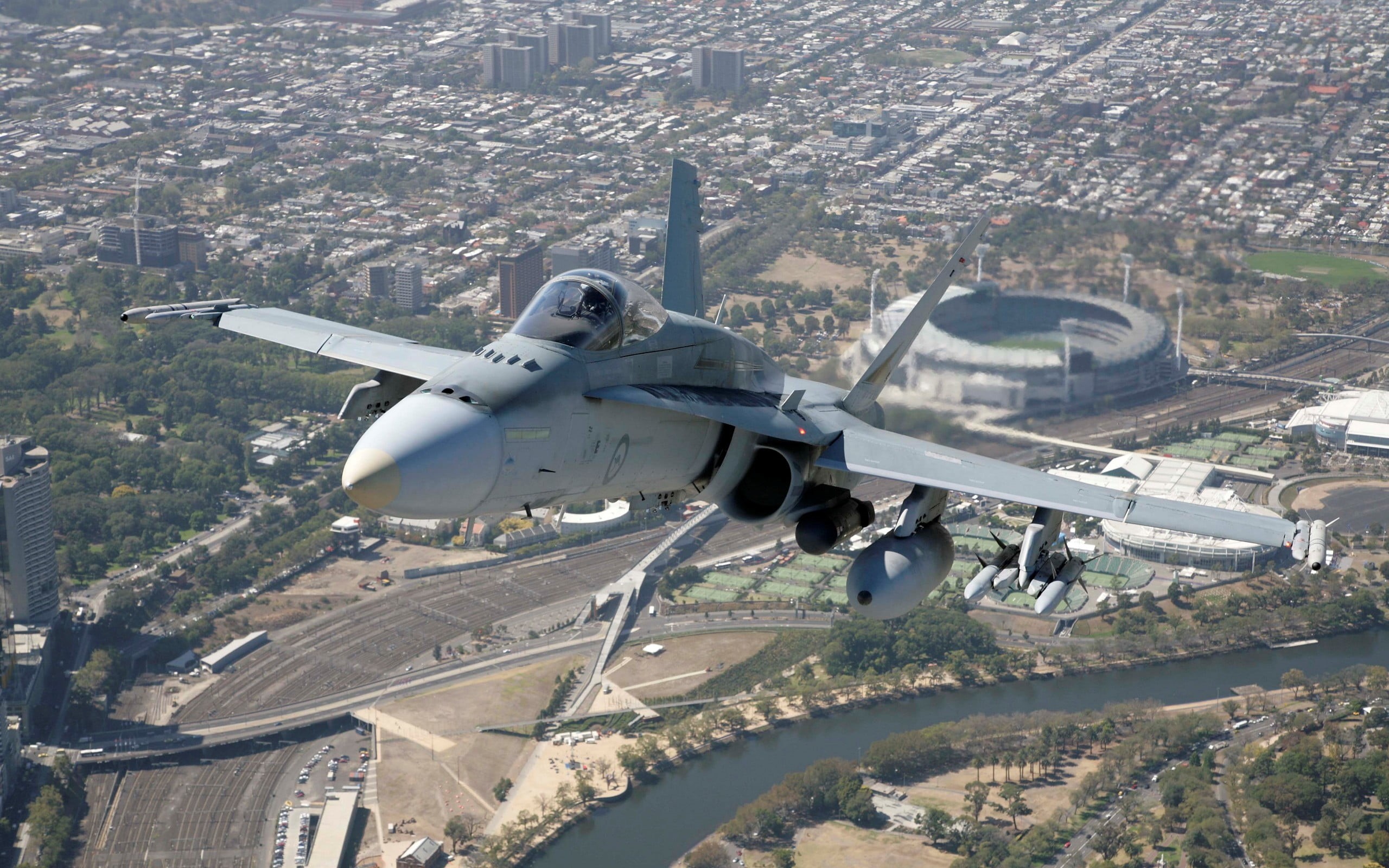 military, transportation, military aircraft, McDonnell Douglas F/A-18 Hornet, mode of transportation, airport, aerial view, air vehicle, nature, building exterior, HD Wallpaper