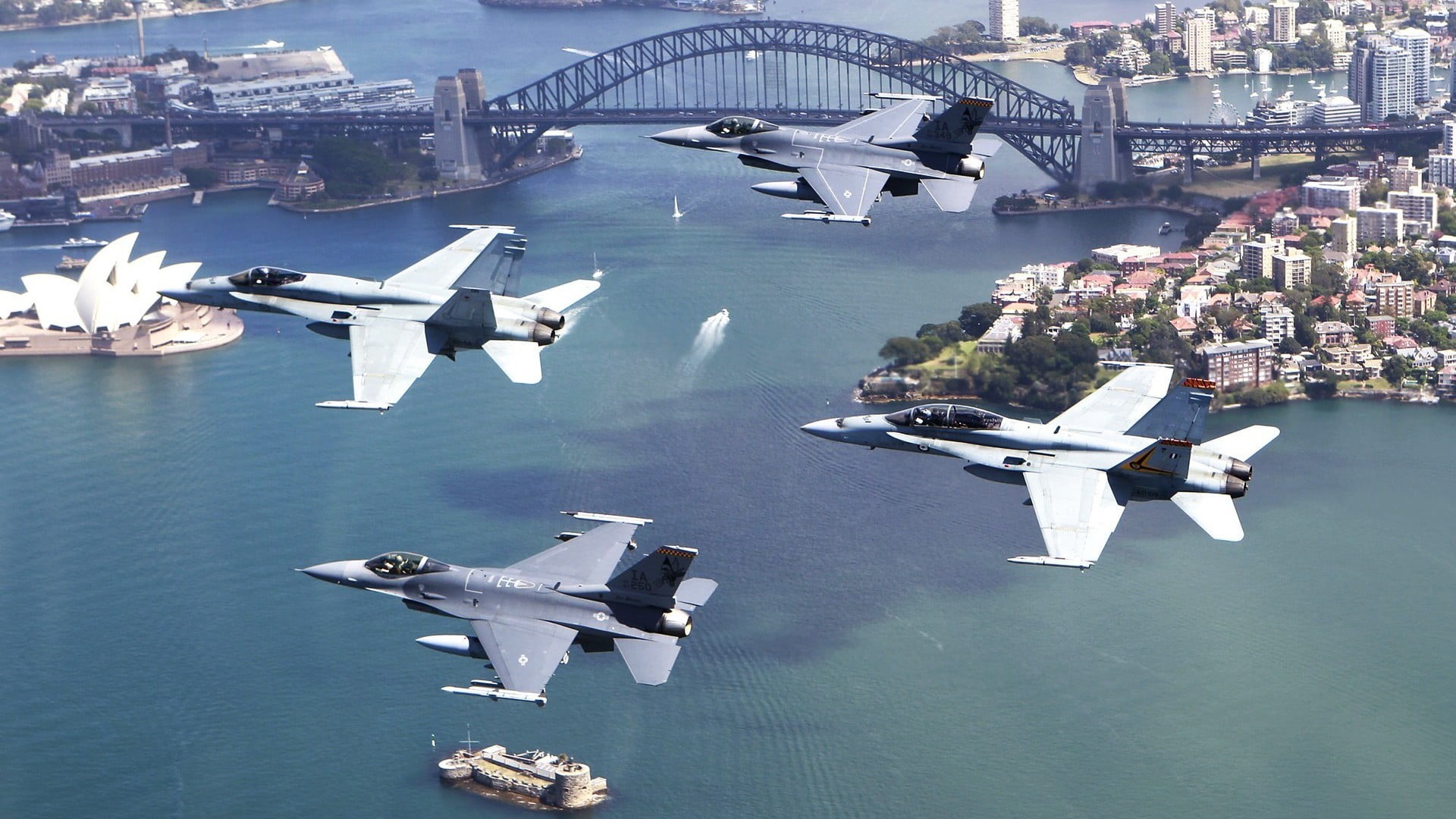 day, mid-air, Sydney, city, aerial view, air vehicle, military, Australia, General Dynamics F-16 Fighting Falcon, architecture, no people, outdoors, built structure, HD Wallpaper