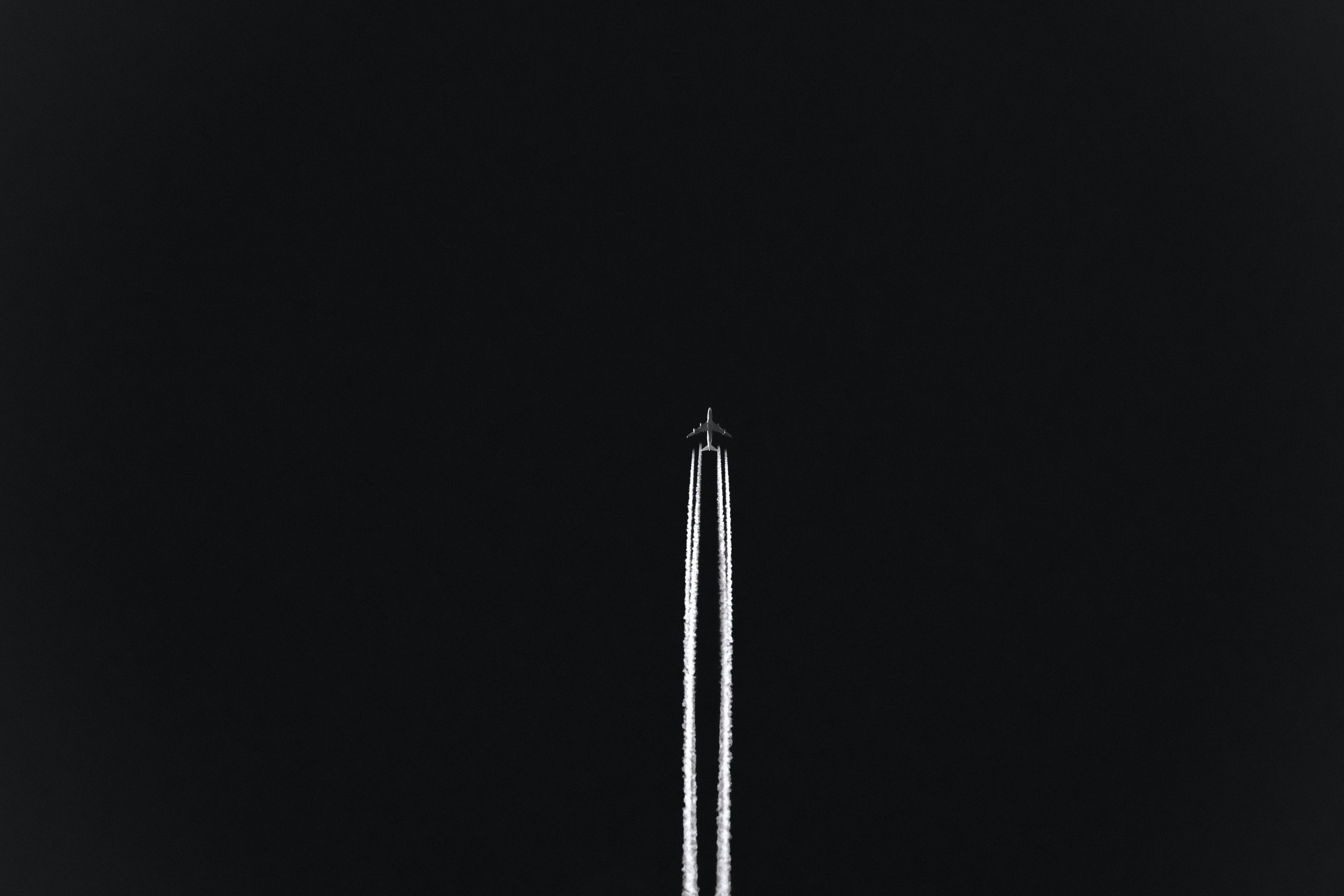 studio shot, plane, white, sky, aircraft, mode of transportation, low angle view, night, dark, transportation, mid-air, on the move, motion, smoke, smoke - physical structure, HD Wallpaper