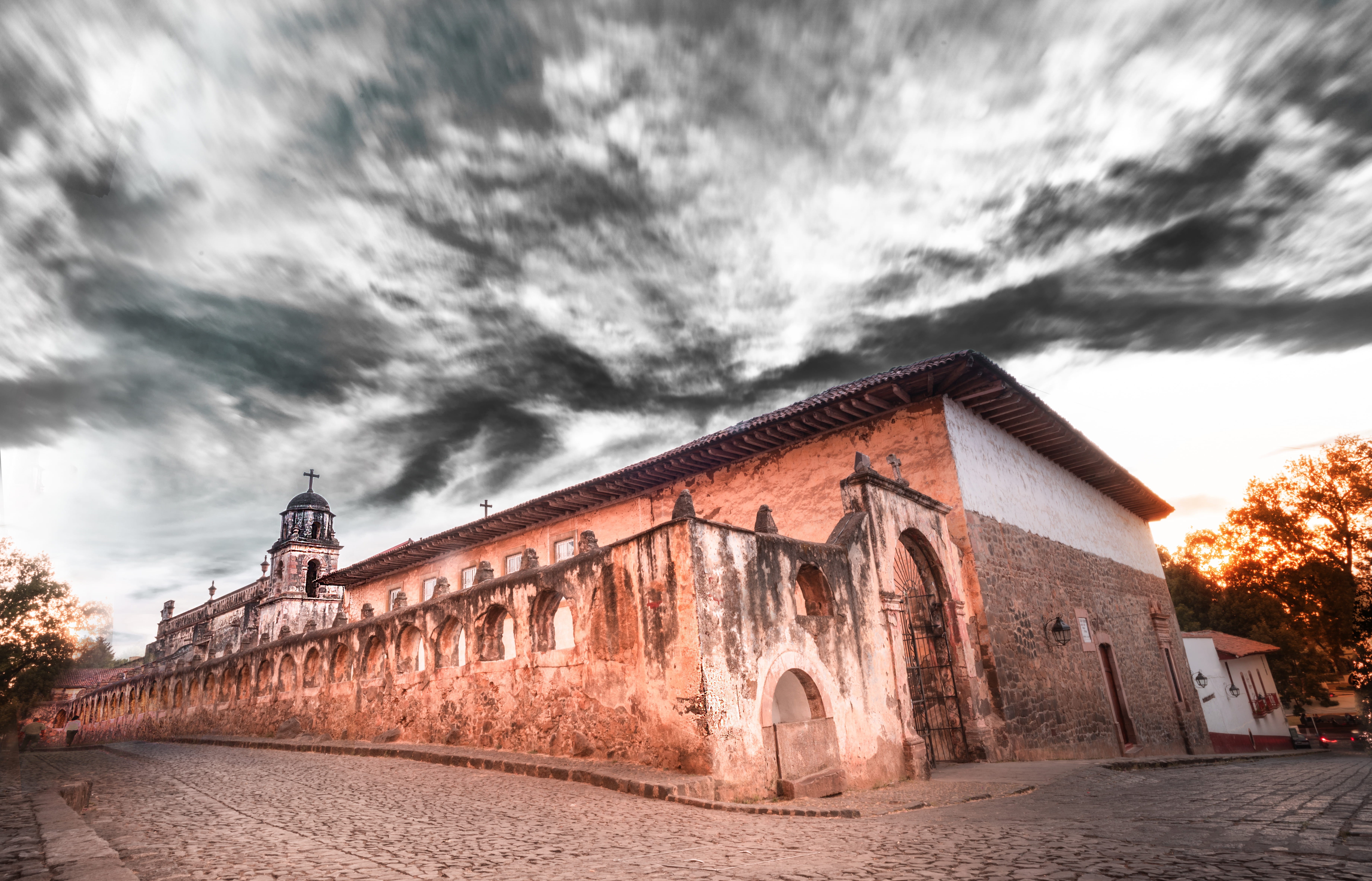 patzcuaro, building exterior, mexico, overcast, church, ominous, castle, place of worship, religion, storm, architecture, outdoors, the past, steeple, walkway, HD Wallpaper