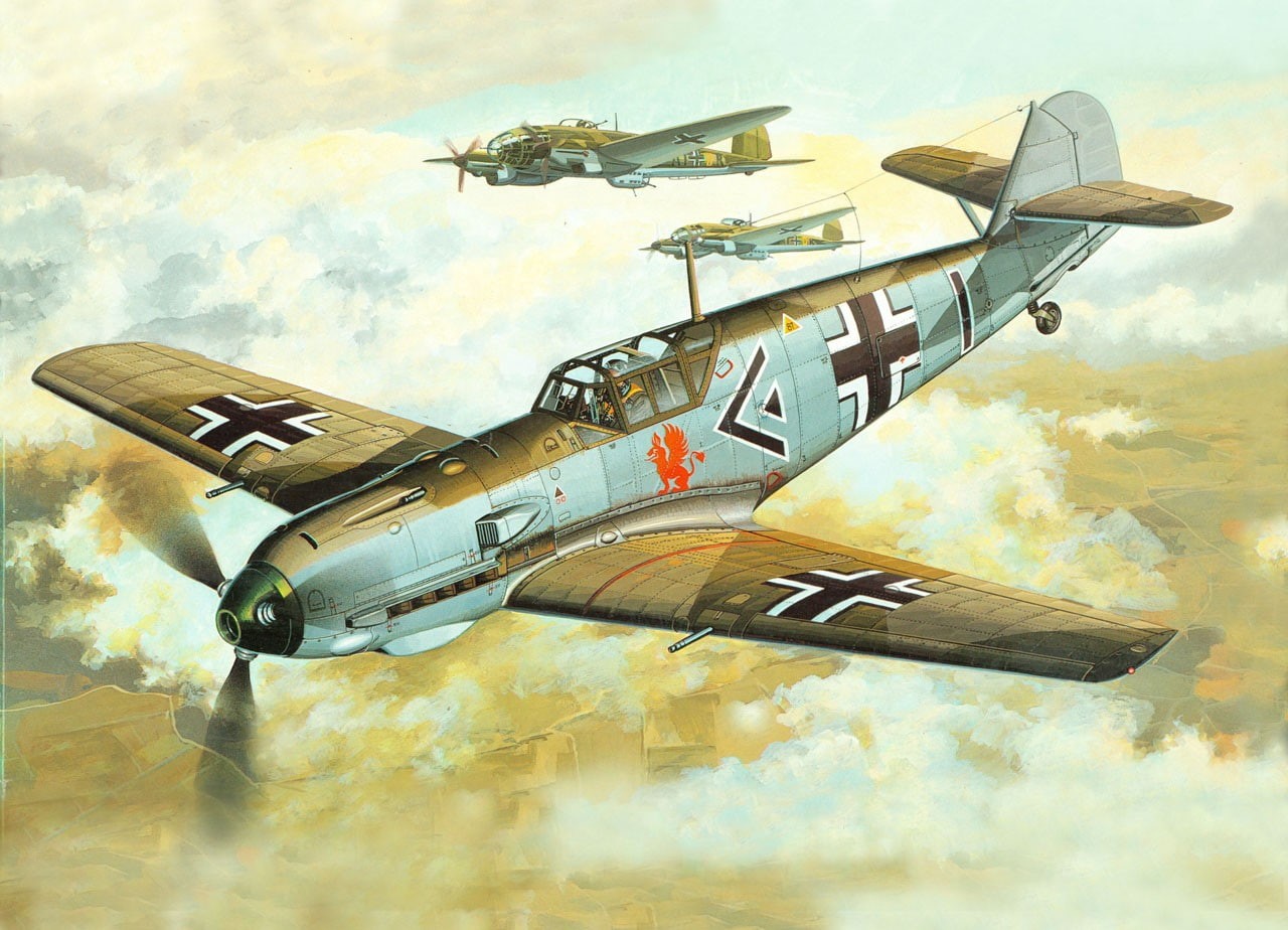 nature, airplane, World War II, no people, on the move, aircraft, plane, cloud - sky, aerospace industry, Messerschmitt Bf-109, 720P, artwork, transportation, HD Wallpaper