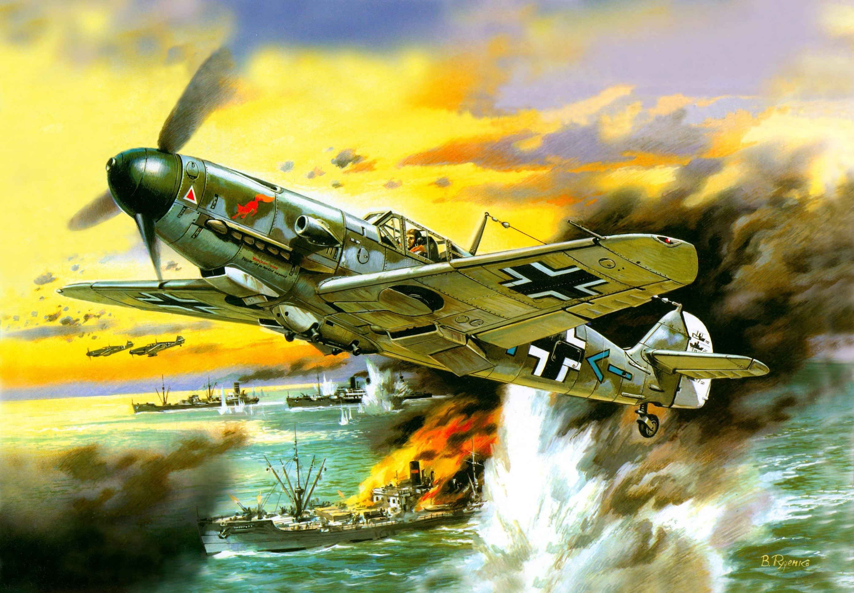 burning, flying, air vehicle, government, fire - natural phenomenon, water, motion, nature, day, Luftwaffe, illustration, outdoors, flame, military, transportation, HD Wallpaper