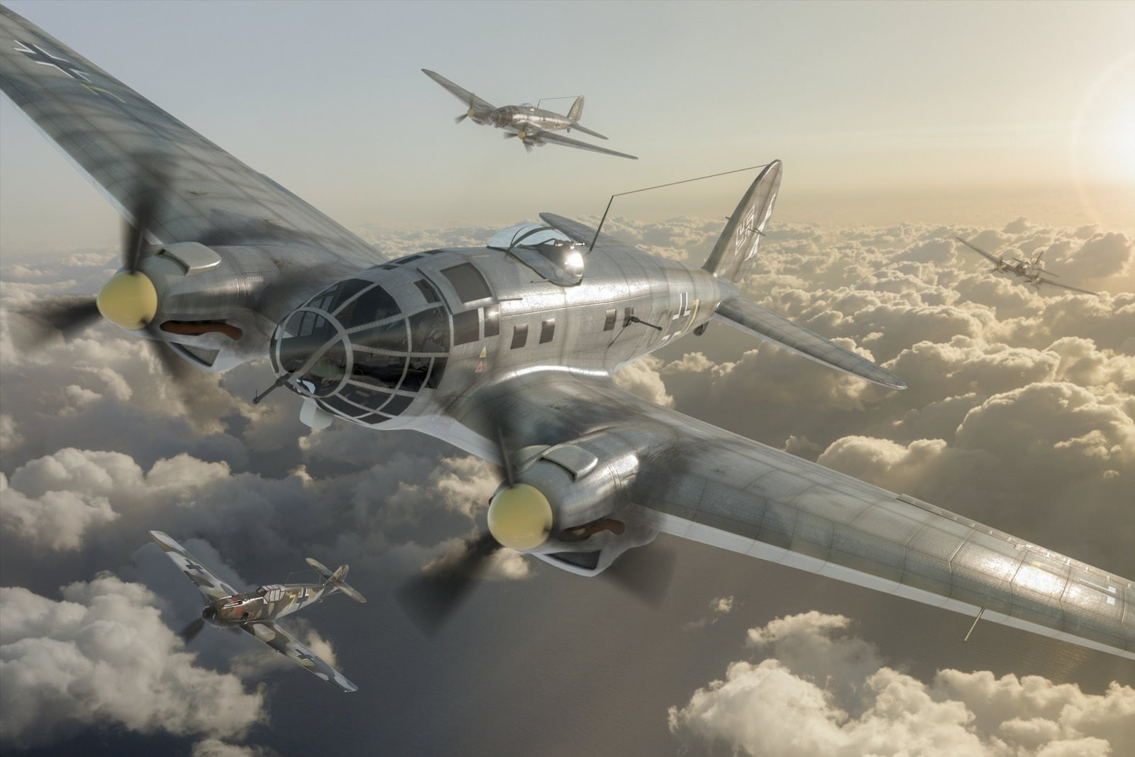 artwork, airplane, World War II, 720P, Luftwaffe, Messerschmitt Bf 109, Bomber, Heinkel He 111, HD Wallpaper
