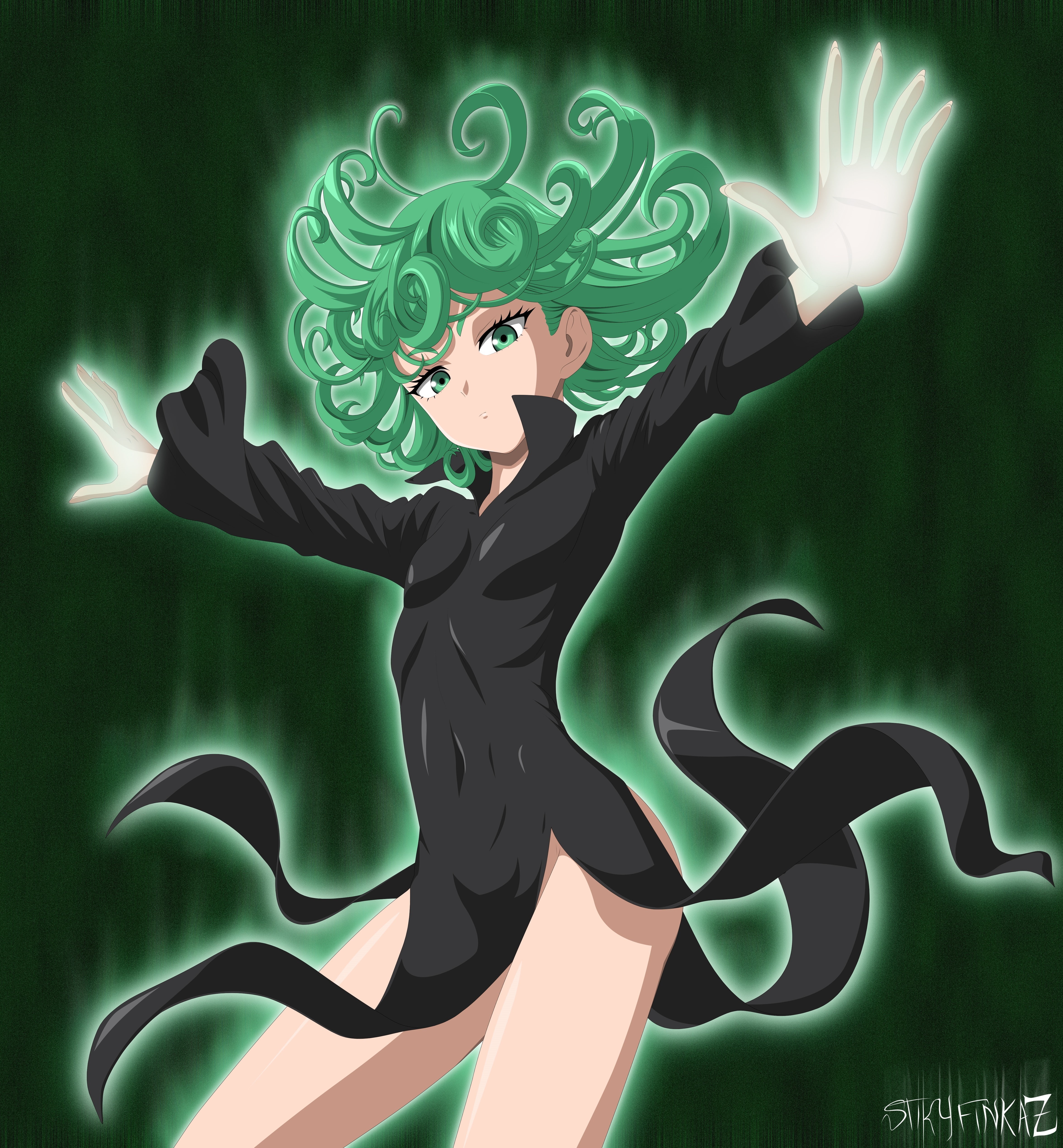human representation, glowing, one punch man tatsumaki anime girls, green color, night, creativity, 4K, text, representation, art and craft, illuminated, Phone HD Wallpaper