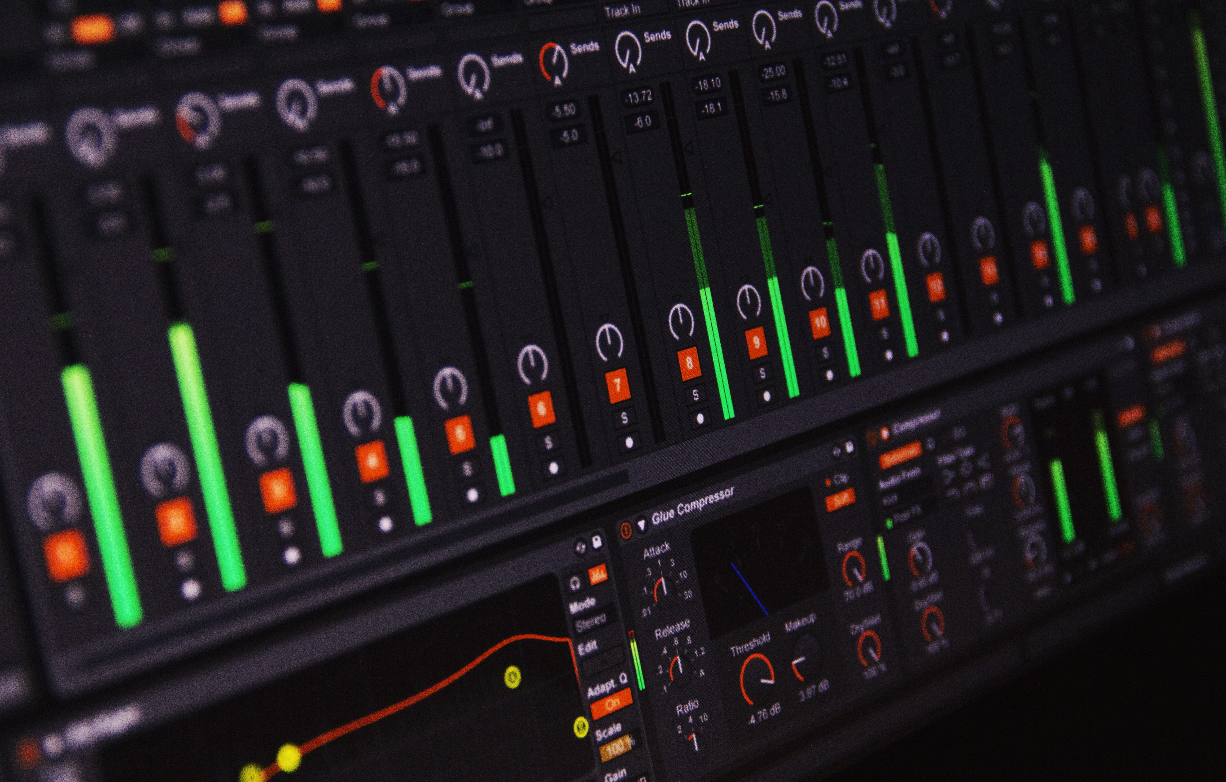 studio, audio, 5K, industry, lights, no people, production, black, communication, mixer, selective focus, knob, electronics industry, push button, audio equipment, HD Wallpaper
