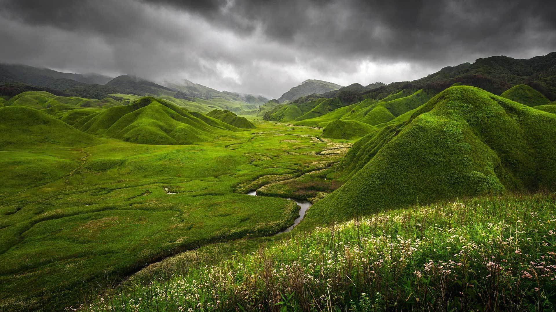 tranquility, nature, Green Dzukou, clouds, India, outdoors, valley, no people, travel, rain, river, sky, mountains, beauty in nature, rural scene, green color, HD Wallpaper