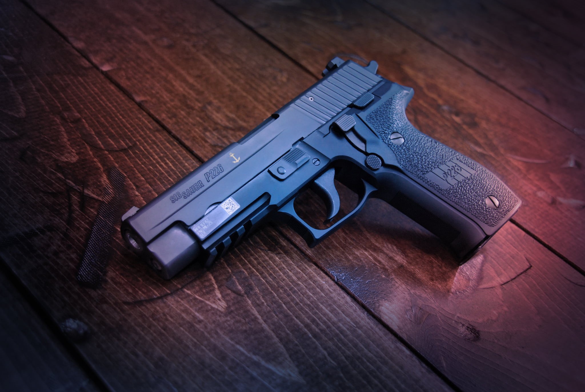 table, warning sign, 1080P, SIG-Sauer, still life, social issues, black, weapon, single object, P226, violence, indoors, handgun, safety, security, aggression, HD Wallpaper