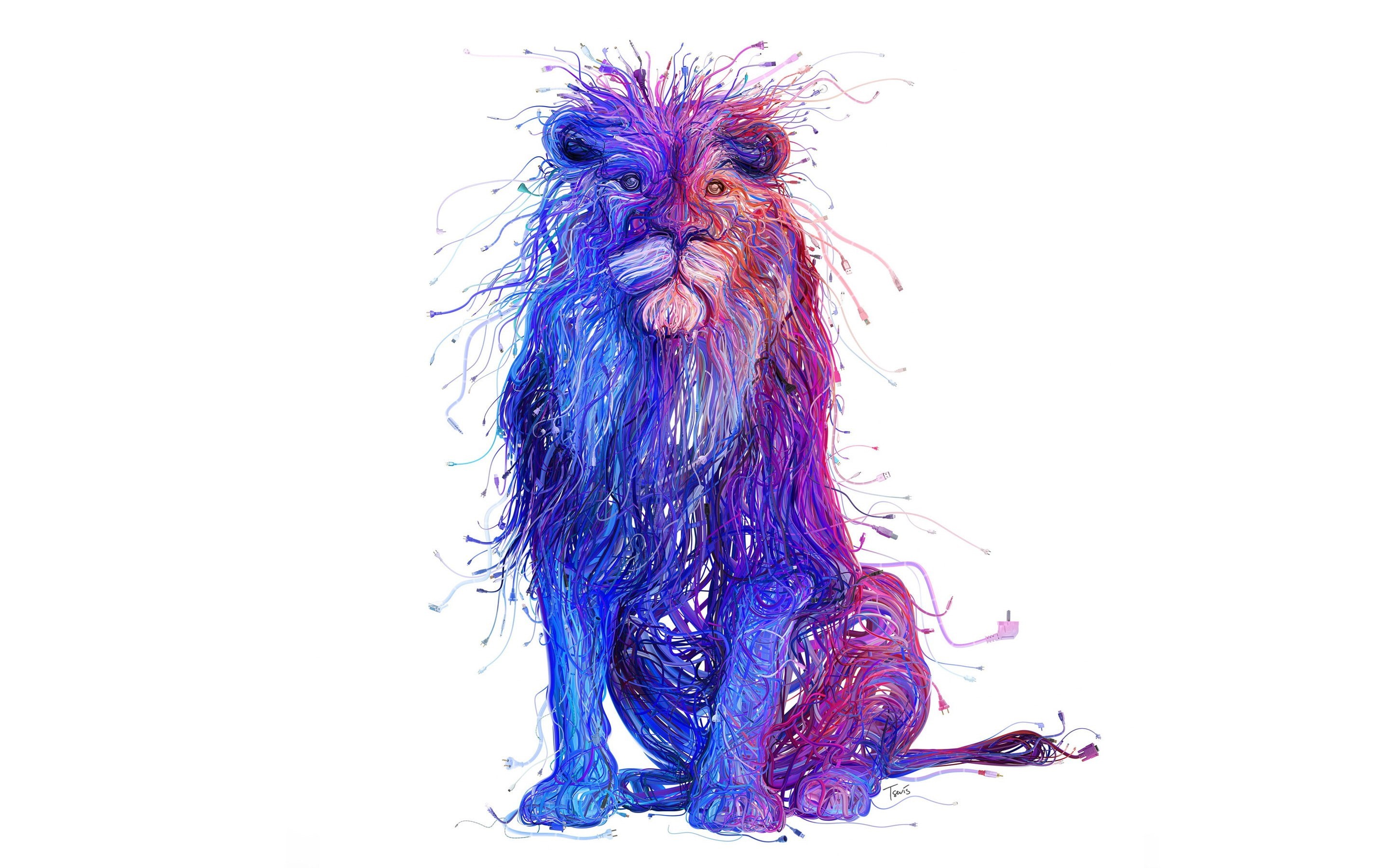 lion, ethernet, digital art, USB, 2K, wires, HD Wallpaper