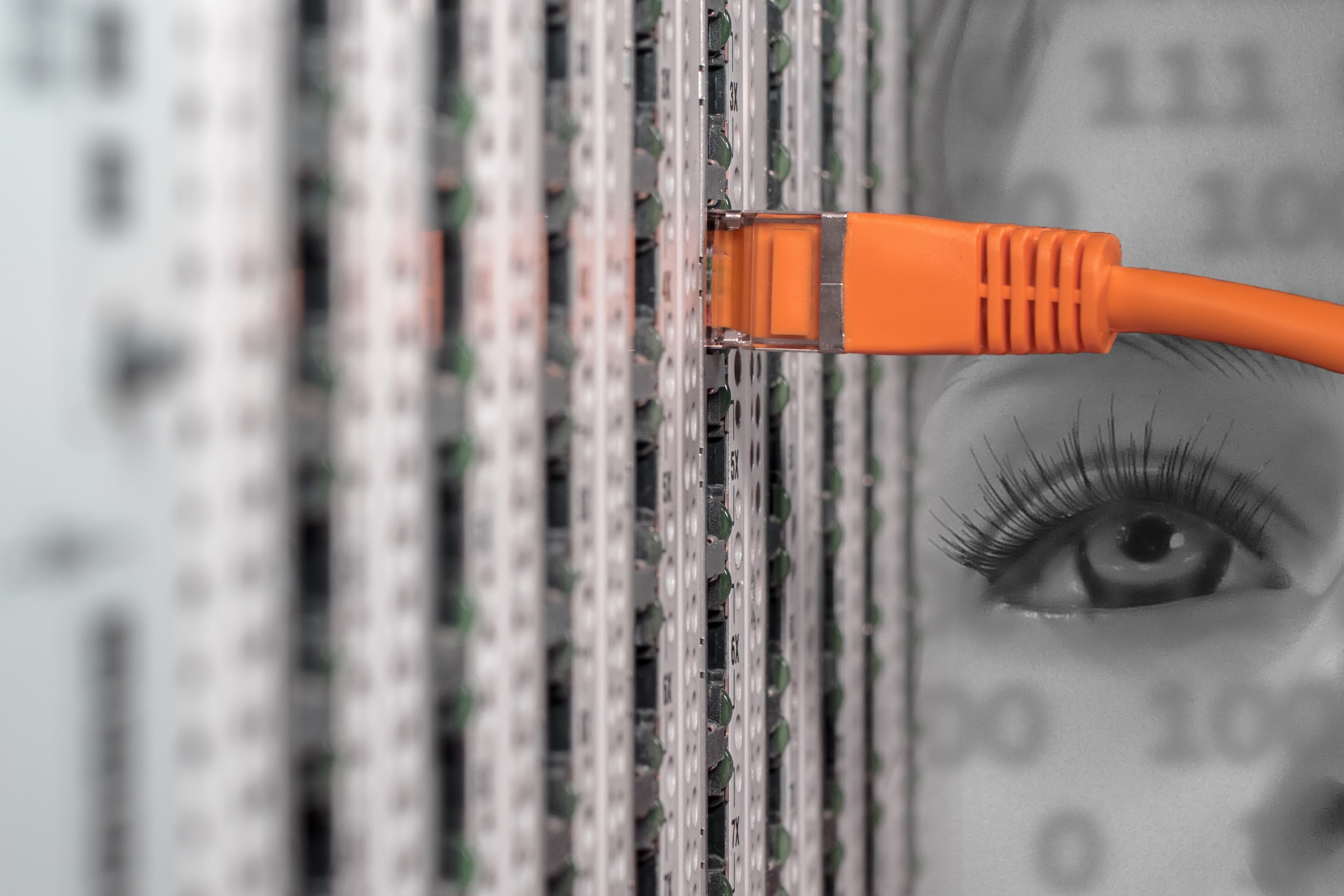 selective focus, one person, server cabinet, orange, network cables, plugged, it, human eye, research, data processing, body part, healthcare and medicine, HD Wallpaper