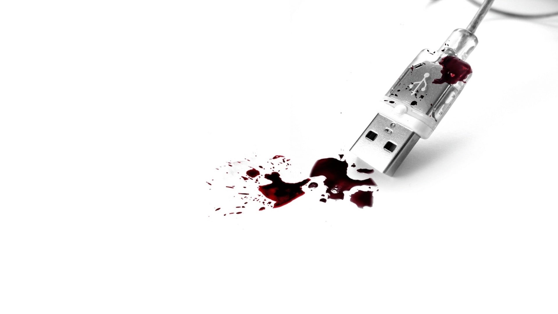 spilling, drop, no people, water, close-up, blood, copy space, USB, white background, studio shot, red, aggression, single object, still life, 1080P, cable, HD Wallpaper