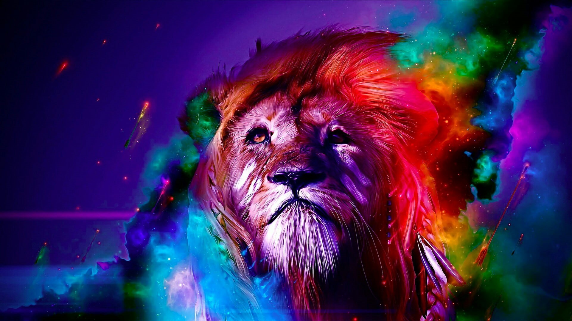 digital art, 1080P, lion, colorful, HD Wallpaper