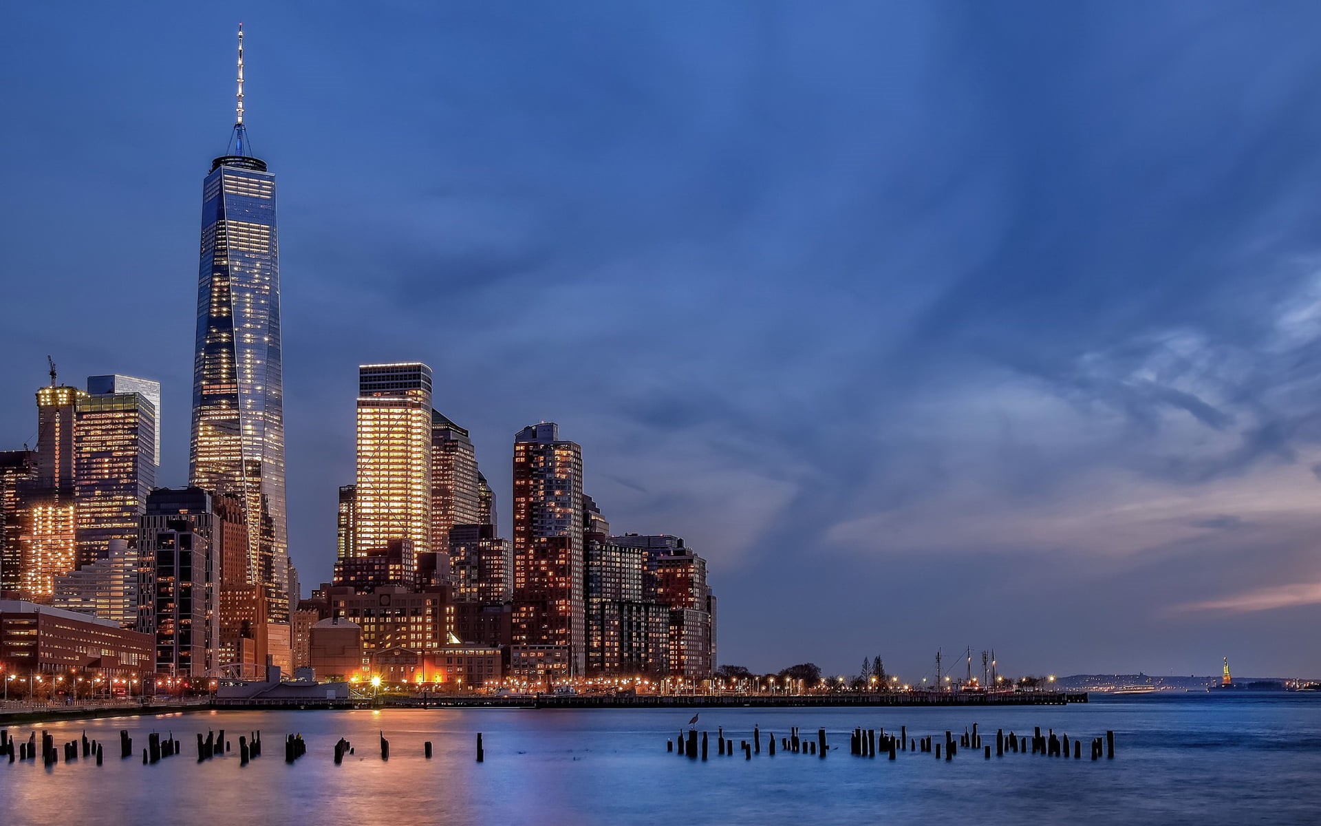 outdoors, financial district, built structure, office building exterior, 1080P, architecture, cloud - sky, no people, Hudson River, spire, landscape, travel destinations, HD Wallpaper