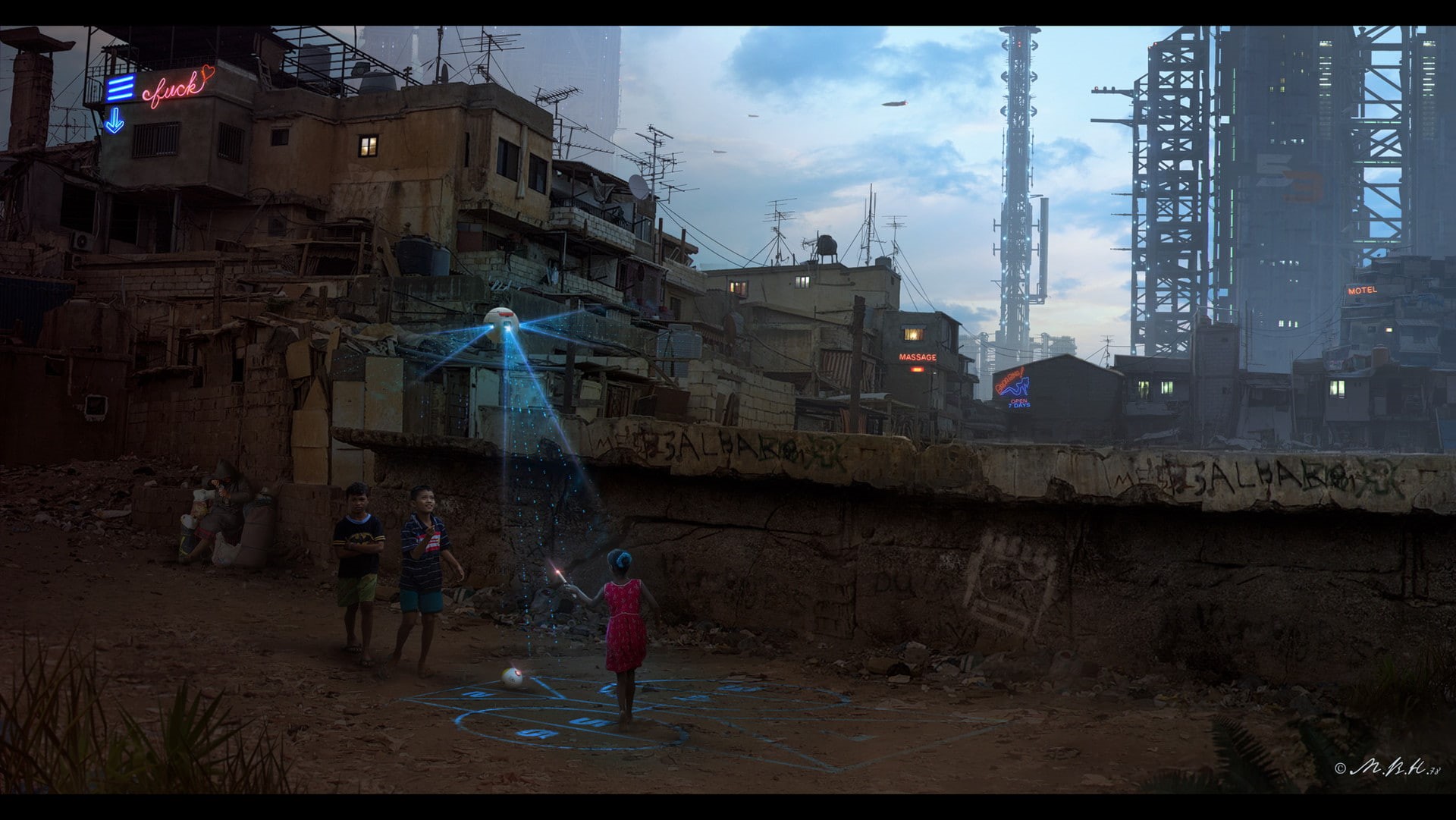 hologram, children, city, Vladimir Manyukhin, futuristic, playing, slum, house, street, 1080P, HD Wallpaper
