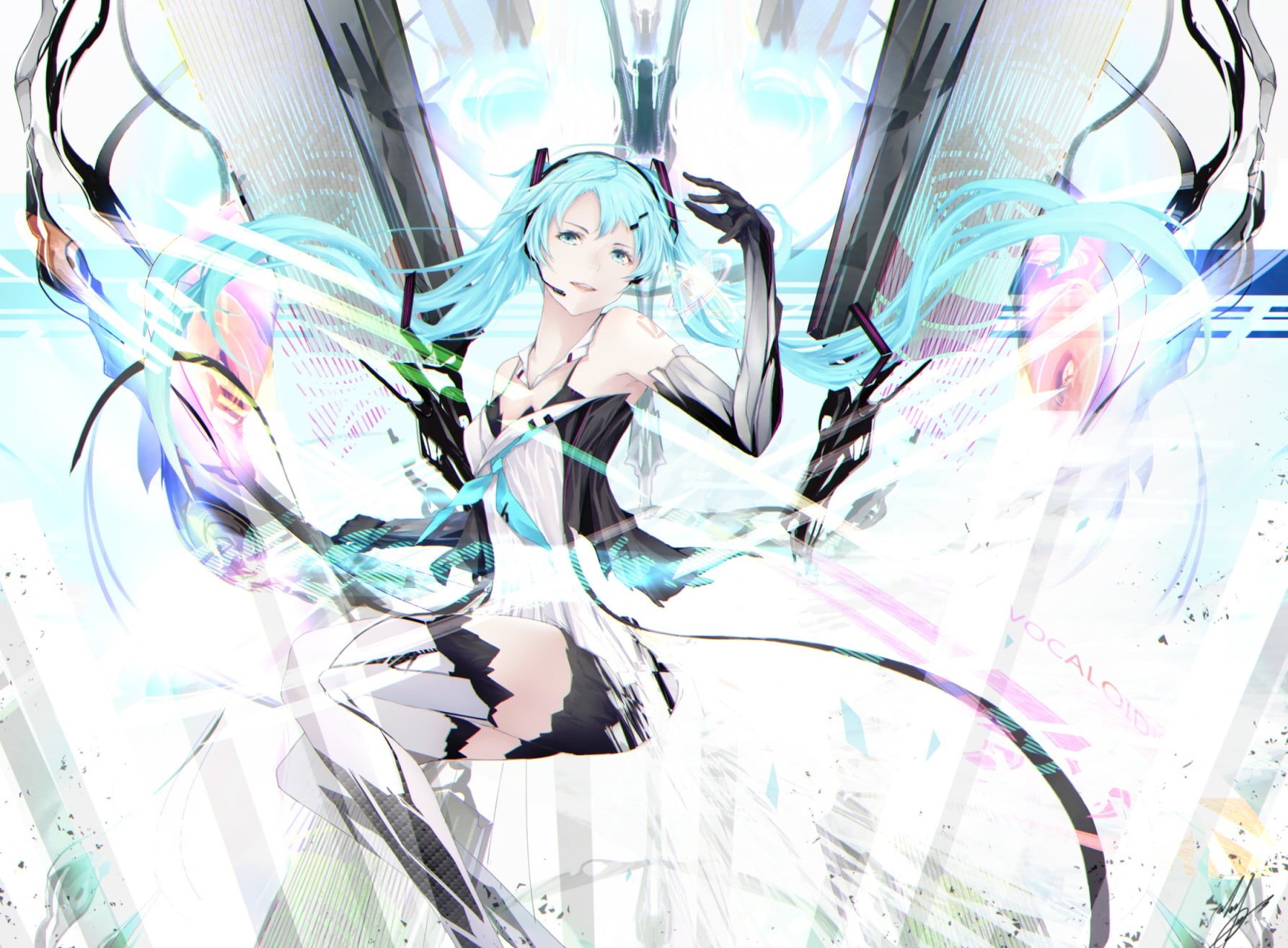 shorts, vulnerability, design, day, indoors, ribbon, Vocaloid, hologram, nature, wall - building feature, creativity, abstract, long hair, full frame, fragility, HD Wallpaper