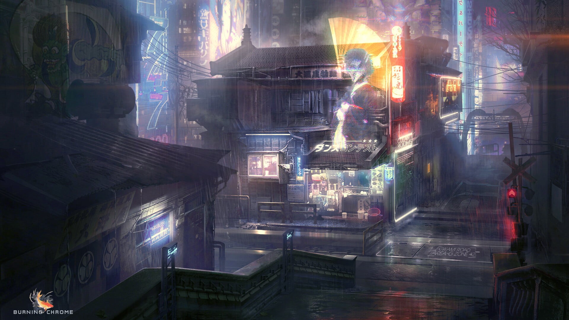 digital art, futuristic city, neon lights, rain, cyberpunk, 1080P, futuristic, artwork, hologram, city, Evan Liu, Chinese, Chinese architecture, HD Wallpaper