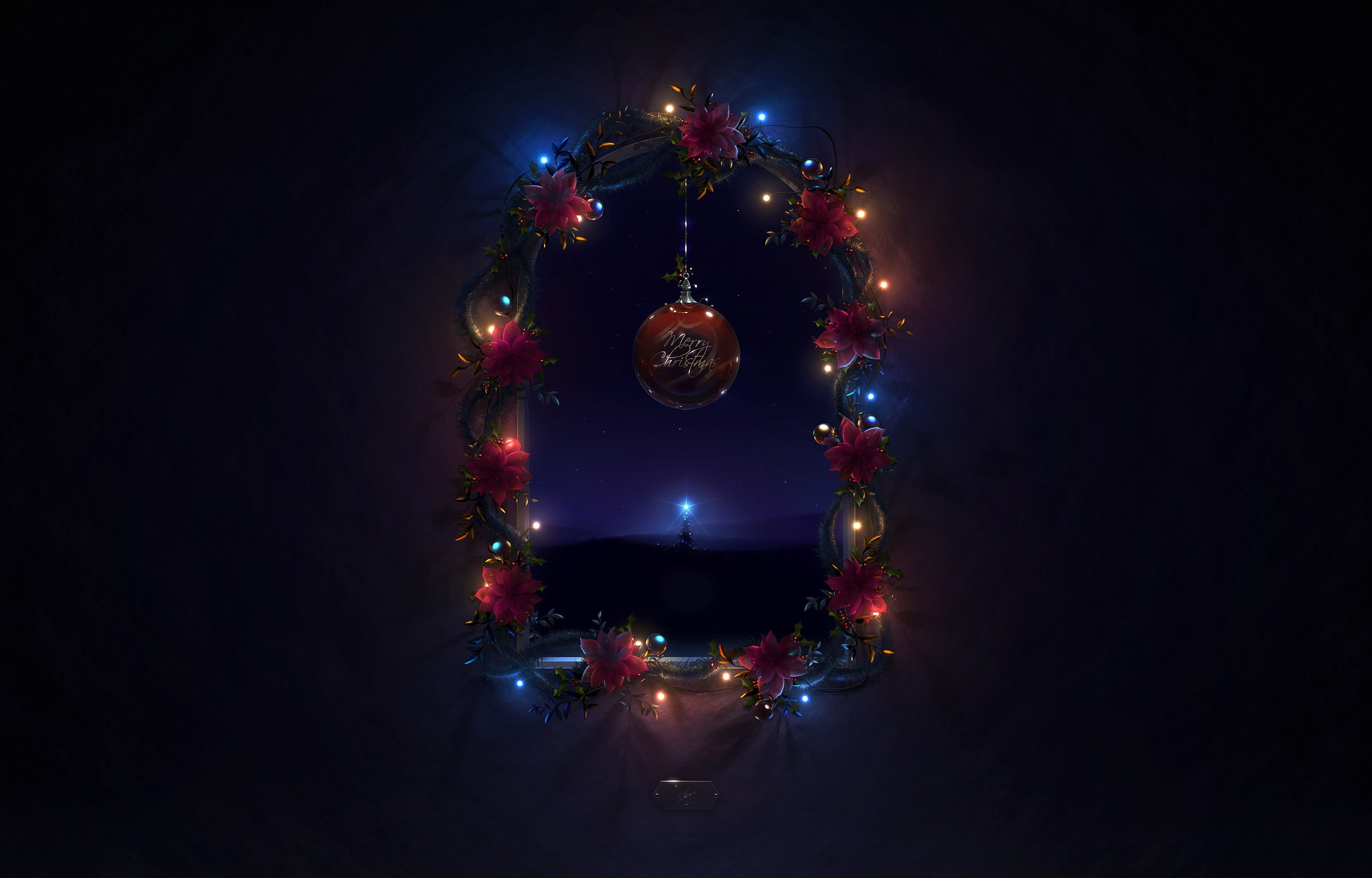 black background, holiday - event, baubles, night, floral, stars, christmas lights, brown, 2K, tree, copy space, red, plant, Christmas, christmas ornament, HD Wallpaper