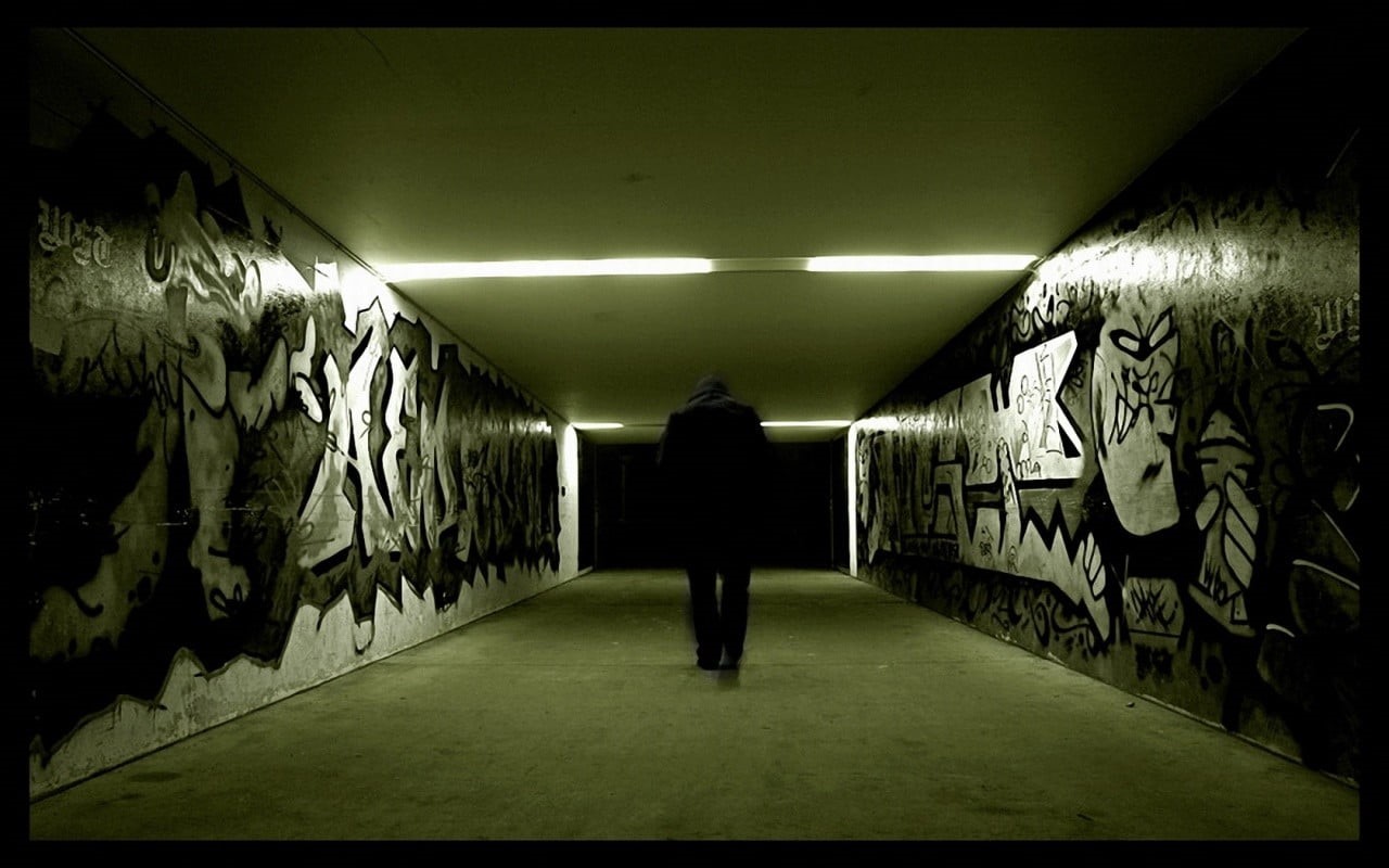 real people, frame, one person, bed, wooden, walking, public transportation, rear view, illuminated, the way forward, graffiti, direction, wall - building feature, HD Wallpaper