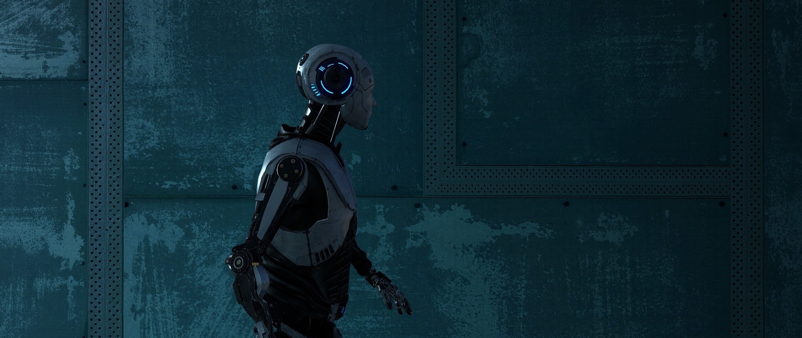 device, clothing, corded, indoors, spooky, hairstyle, one person, three quarter length, digital composite, blue, 2K, door, gray, The Talos Principle, security, HD Wallpaper