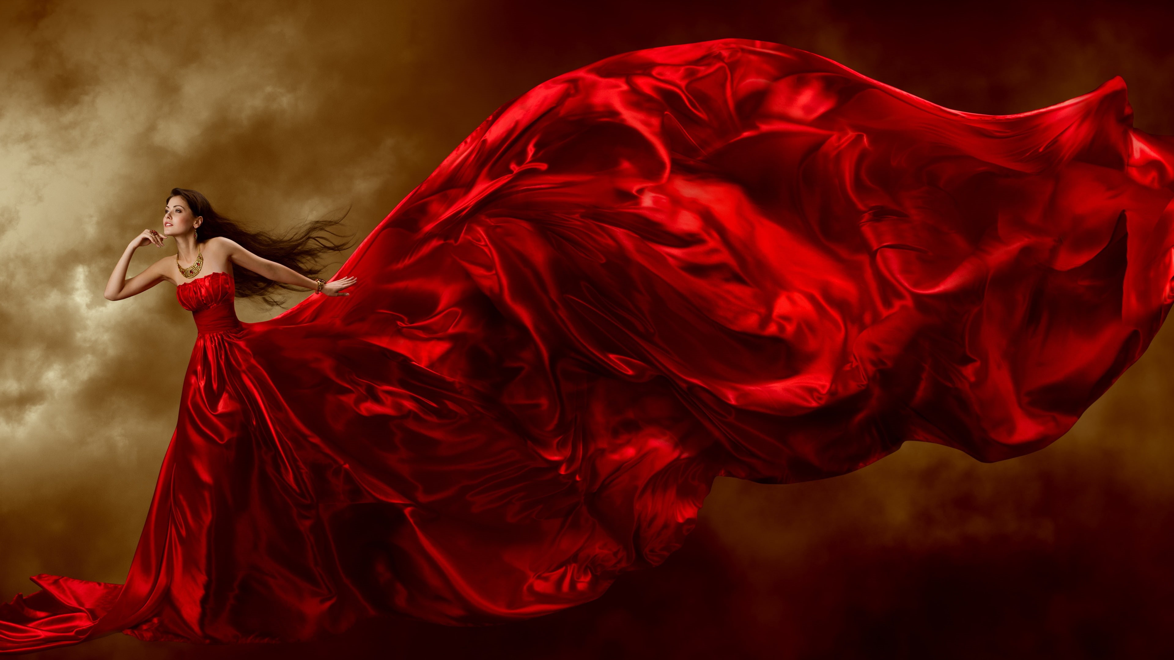 Beautiful, 4K, Posture, Hair, Art, Long, women, Red, Dress, Curls, Girl, sleeveless, s, Jewelry, HD Wallpaper