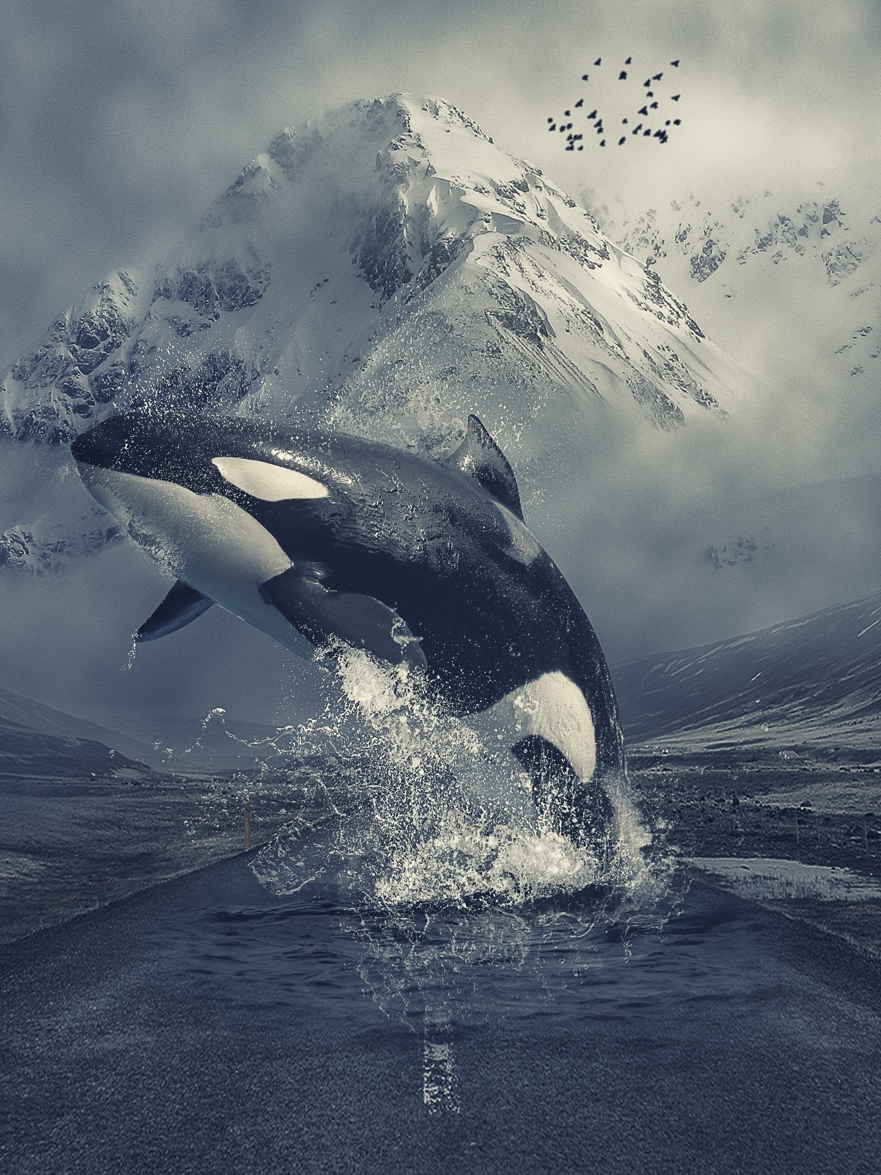 orca, fog, snowcapped mountain, no people, swimming, mountain, marine, winter, vertebrate, animal themes, animal, sea, outdoors, killer whale, undersea, Phone HD Wallpaper