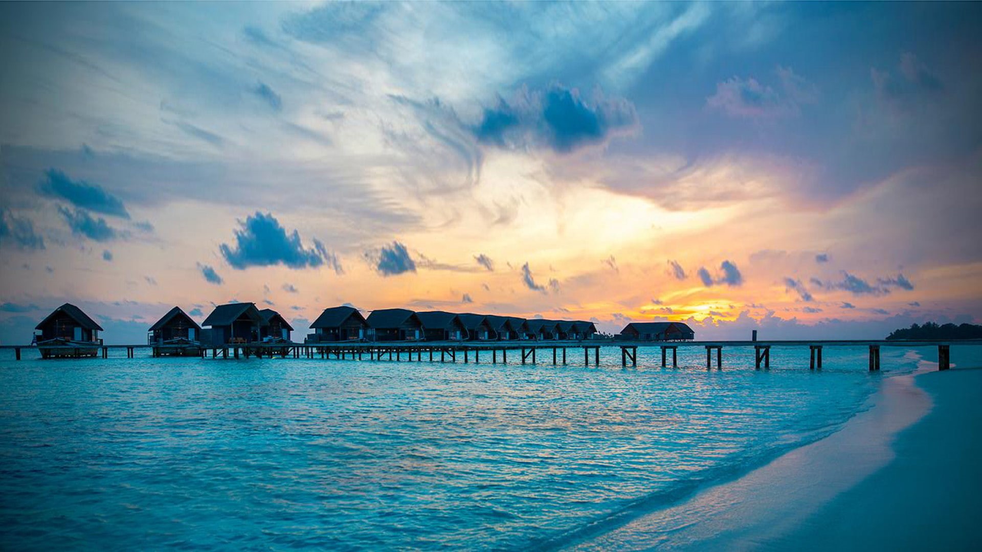 bungalows, reef, houses, island, cocoa, turquoise, maldives, private, resolution, resort, hd, 1080P, water, sandpit, HD Wallpaper