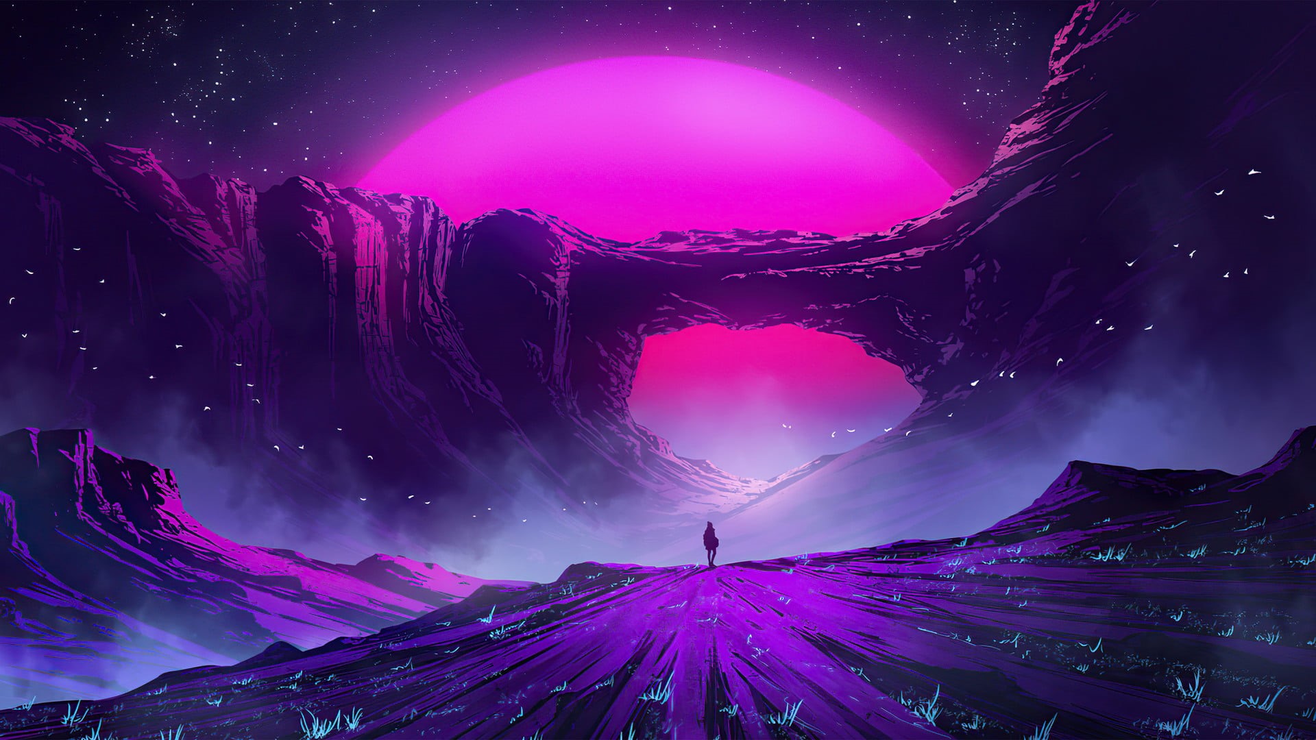 purple background, 1080P, stars, alone, HD Wallpaper