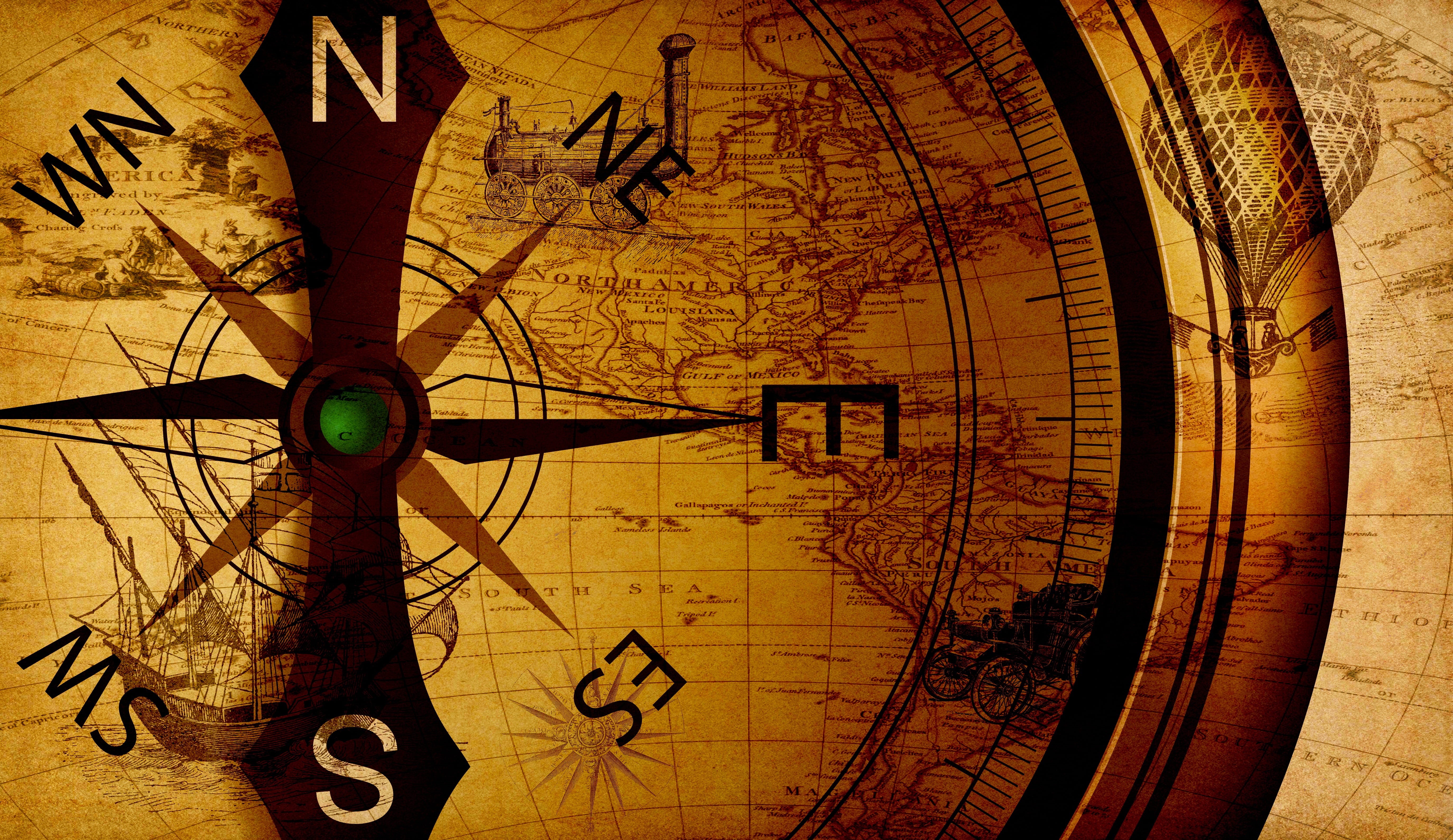 ship, pattern, map, number, nature, travel, orientation, train, clock, america, circle, outdoors, no people, shape, old, discovery, vintage, direction, HD Wallpaper