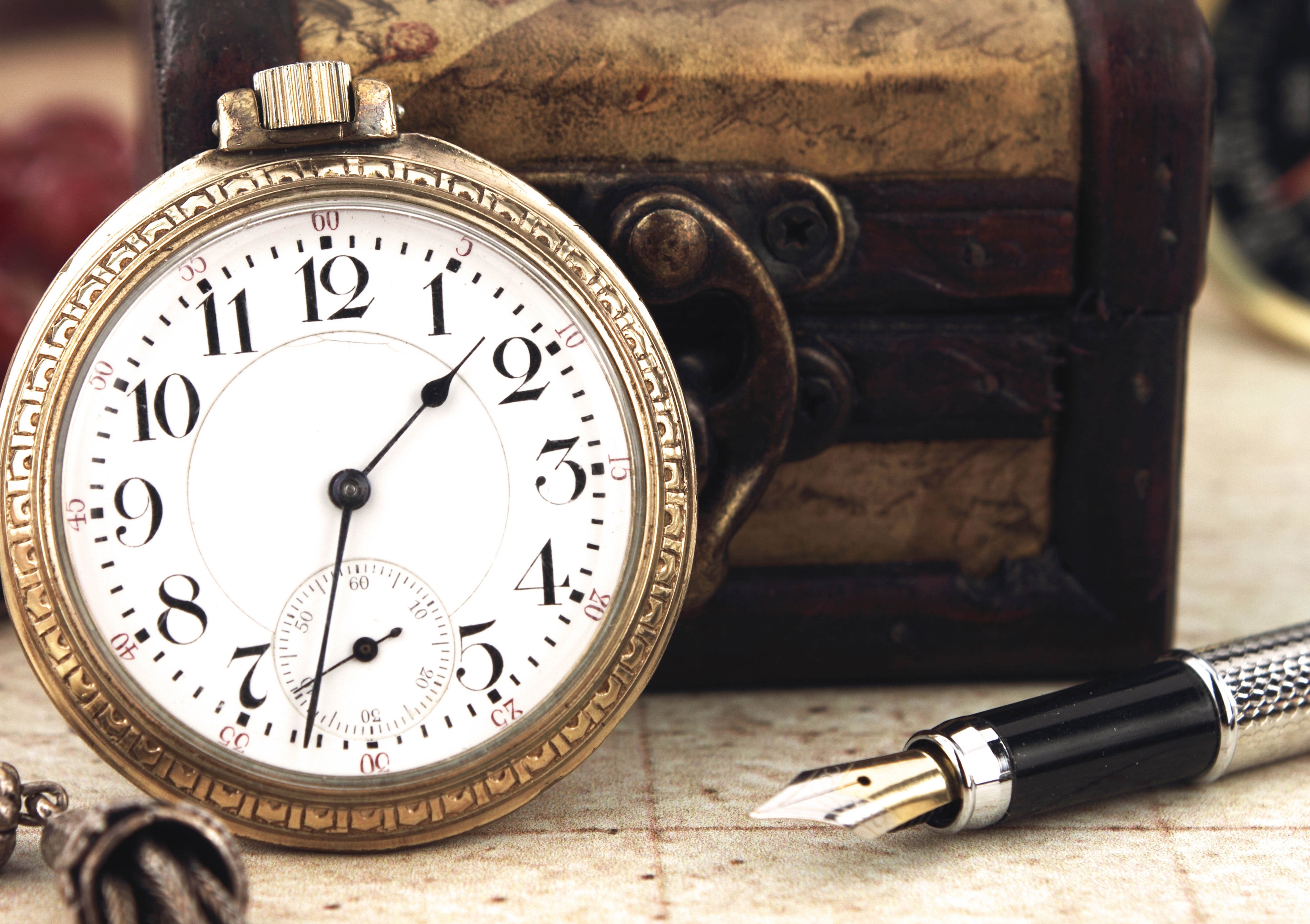 number, box, equipment, table, fountain pen, single Object, countdown, vintage, backgrounds, focus on foreground, brown, old, minute Hand, clock Face, pen, HD Wallpaper
