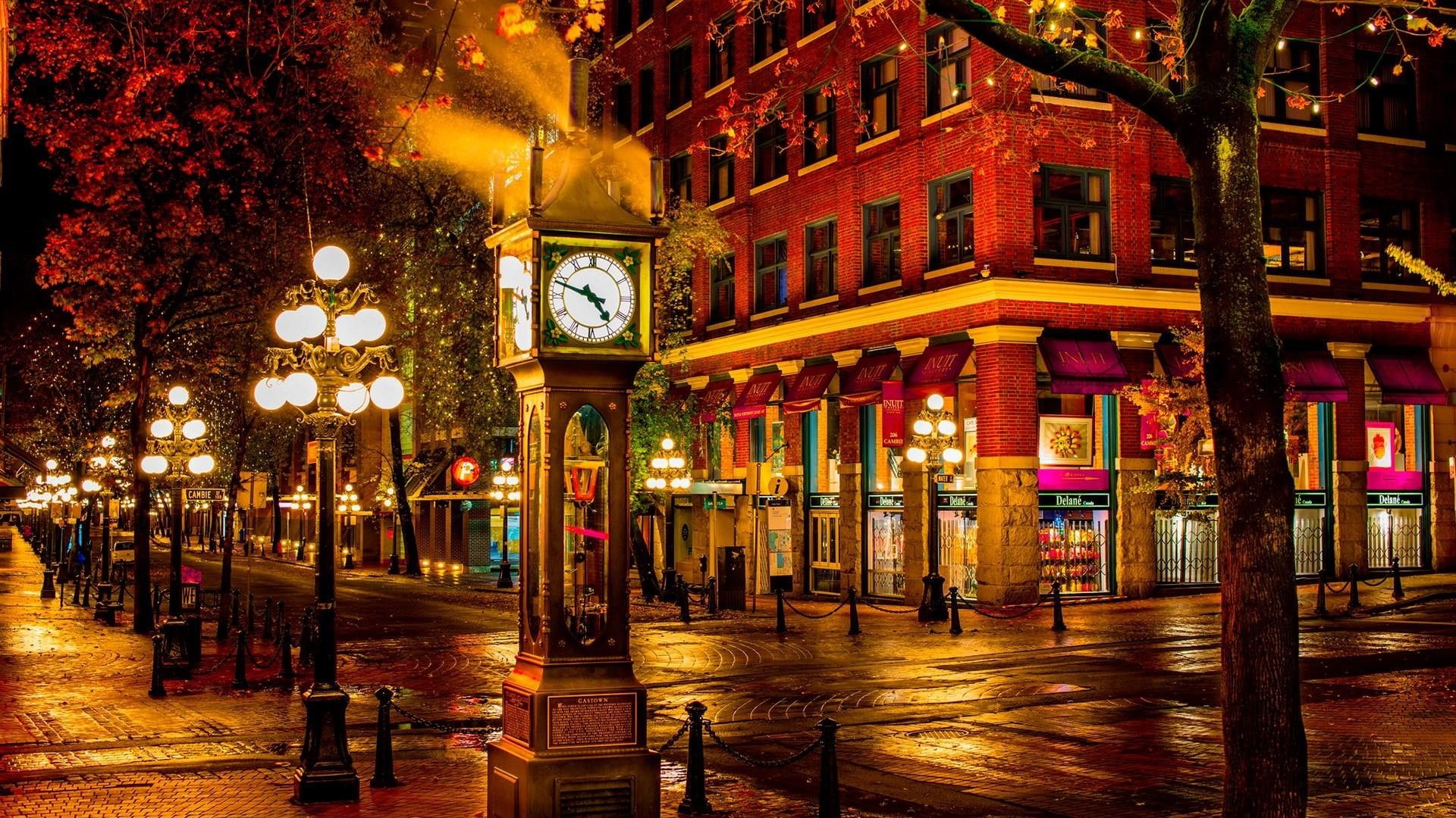 evening, clock, canada, landmark, city lights, north america, downtown, 1080P, street clock, tourist attraction, gastown steam clock, vancouver, street lights, HD Wallpaper